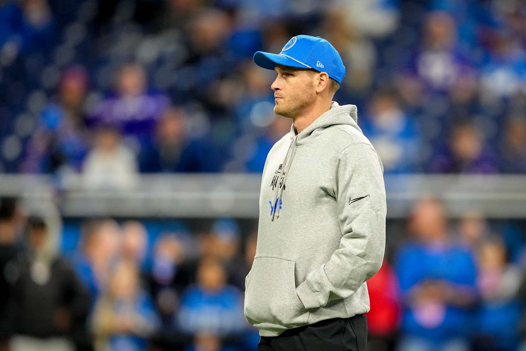 DETROIT, MICHIGAN - DECEMBER 15: Offensive coordinator Ben Johnson of the Detroit Lions looks on against the Buffalo Bills at Ford Field on December 15, 2024 in Detroit, Michigan. (Photo by Nic Antaya/Getty Images)
