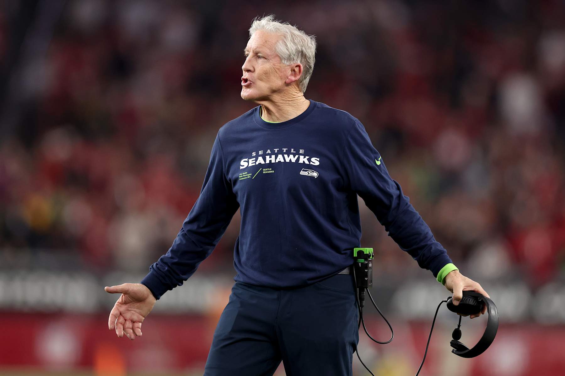 GLENDALE, ARIZONA - JANUARY 07: Seattle Seahawks head coach Pete Carroll reacts during the fourth quarter against the Arizona Cardinals at State Farm Stadium on January 07, 2024 in Glendale, Arizona. (Photo by Christian Petersen/Getty Images)
