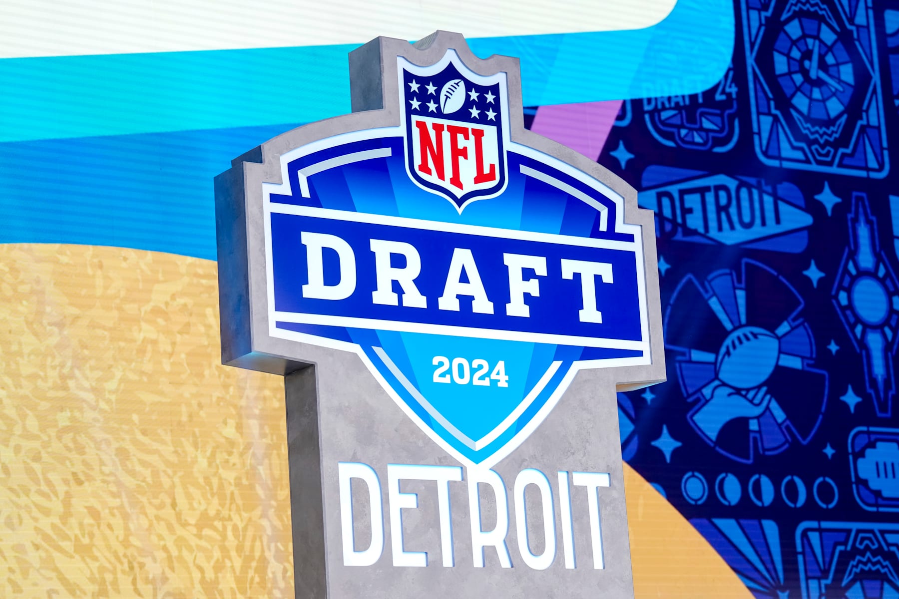 DETROIT, MICHIGAN - APRIL 27: A detail of the NFL logo for the 2024 NFL draft during round four of the 2024 NFL draft at Campus Martius Park and Hart Plaza on April 27, 2024 in Detroit, Michigan. (Photo by Nic Antaya/Getty Images) DETROIT, MICHIGAN - APRIL 27: A detail of the NFL logo for the 2024 NFL draft during round four of the 2024 NFL draft at Campus Martius Park and Hart Plaza on April 27, 2024 in Detroit, Michigan. (Photo by Nic Antaya/Getty Images)
