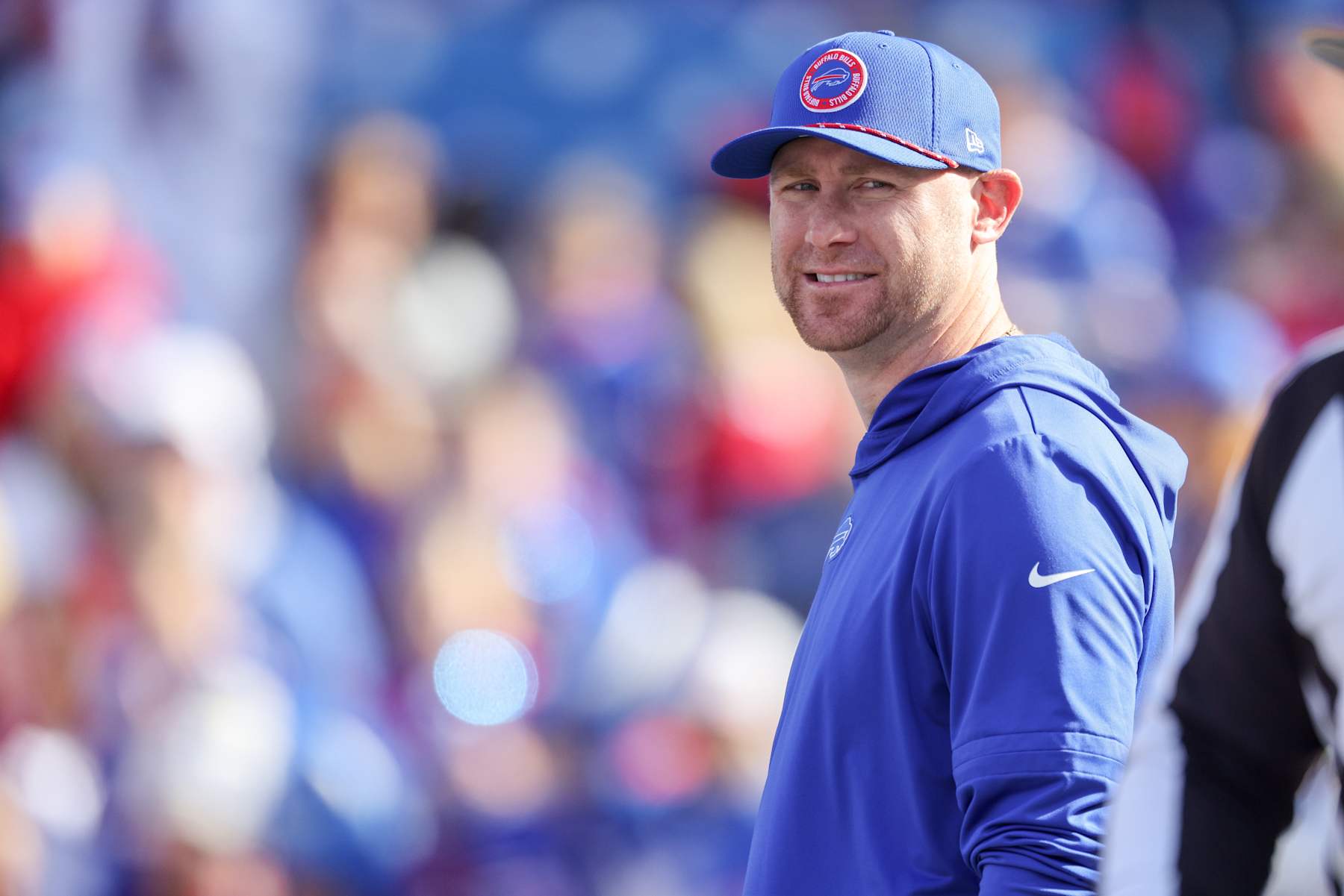 ORCHARD PARK, NEW YORK - NOVEMBER 03: Offensive Coordinator Joe Brady of the Buffalo Bills looks on prior to a game against the Miami Dolphins at Highmark Stadium on November 03, 2024 in Orchard Park, New York. (Photo by Bryan Bennett/Getty Images)