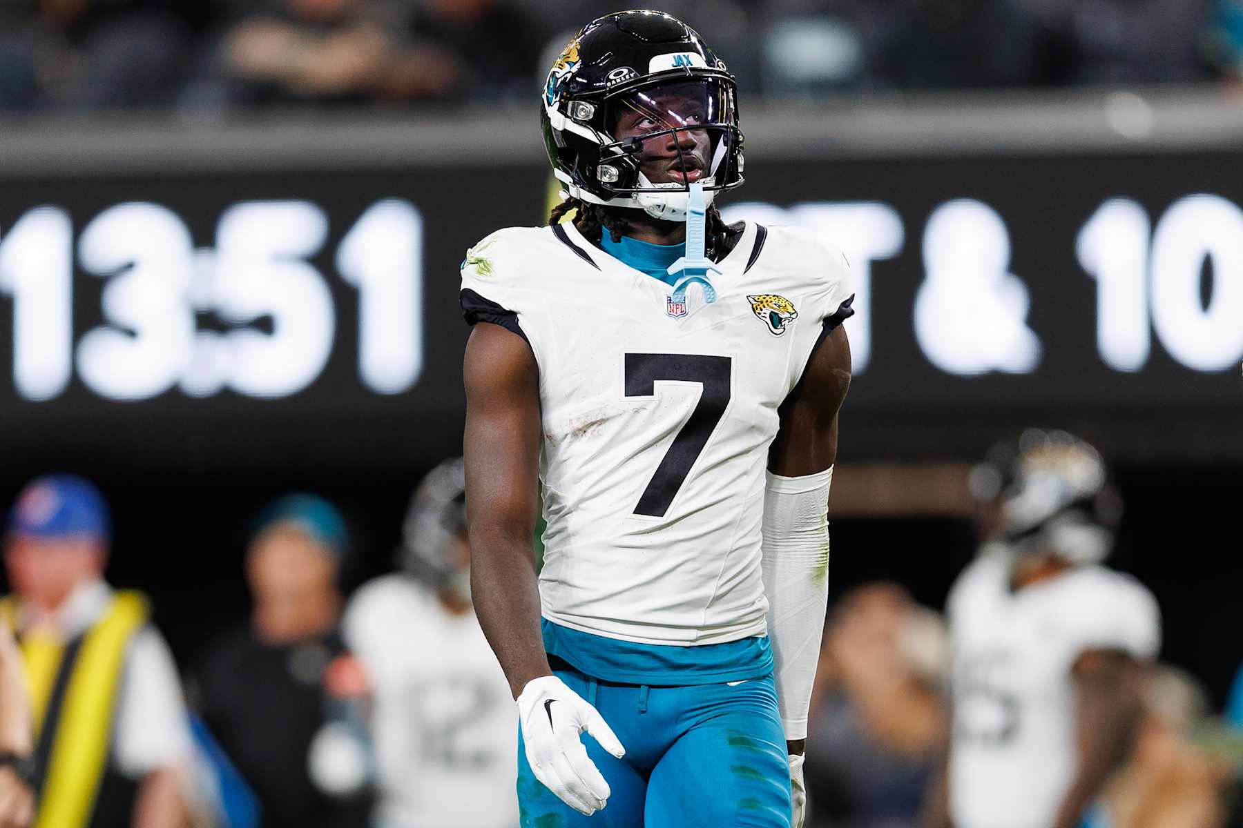 LAS VEGAS, NEVADA - DECEMBER 22: Wide receiver Brian Thomas Jr. #7 of the Jacksonville Jaguars stands on the field during an NFL football game against the Las Vegas Raiders, at Allegiant Stadium on December 22, 2024 in Las Vegas, Nevada. (Photo by Brooke Sutton/Getty Images)