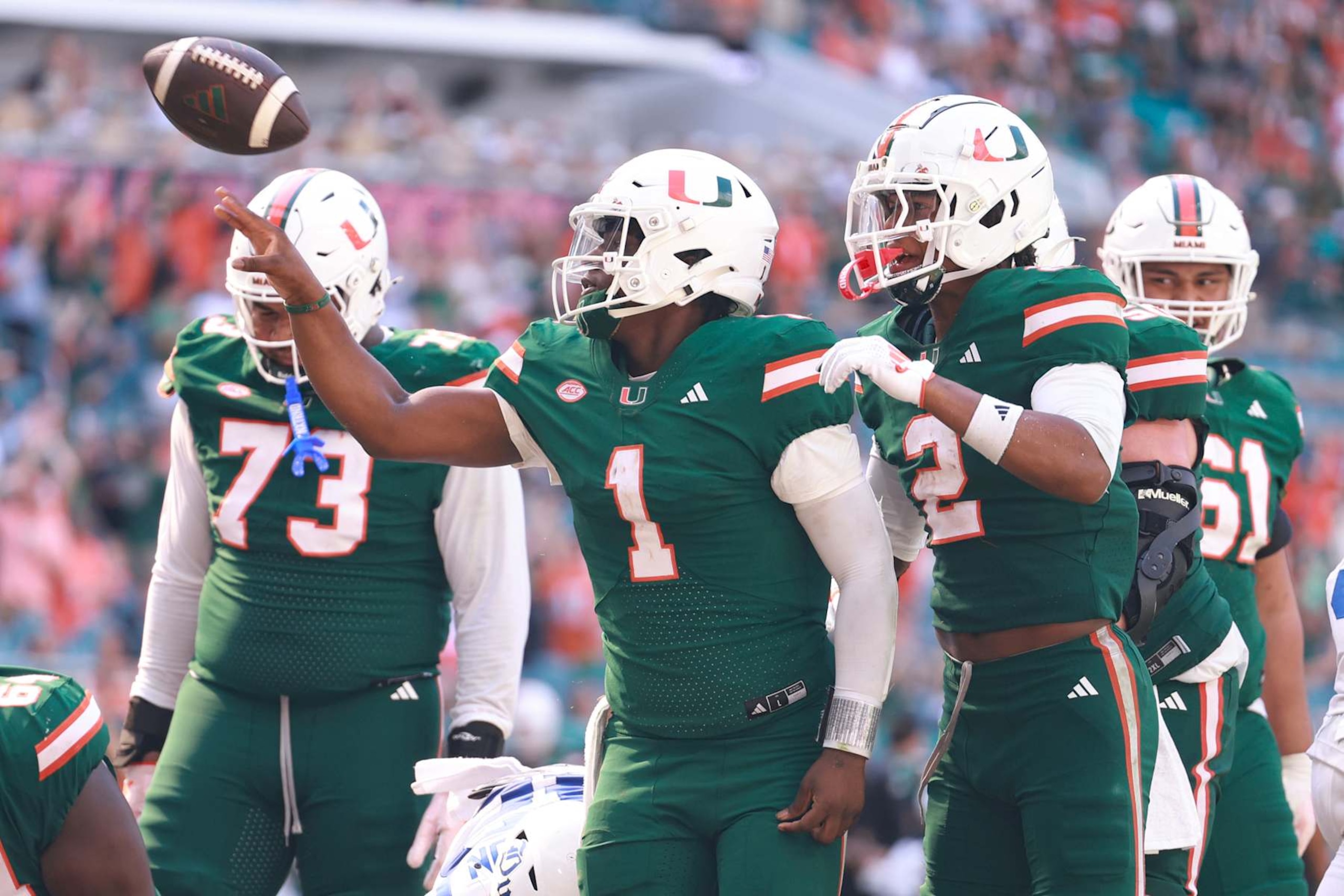 MIAMI GARDENS, FLORIDA - NOVEMBER 02: Cam Ward #1 of the Miami Hurricanes celebrates his rushing touchdown against the Duke Blue Devils during the second half at Hard Rock Stadium on November 02, 2024 in Miami Gardens, Florida. (Photo by Carmen Mandato/Getty Images)
