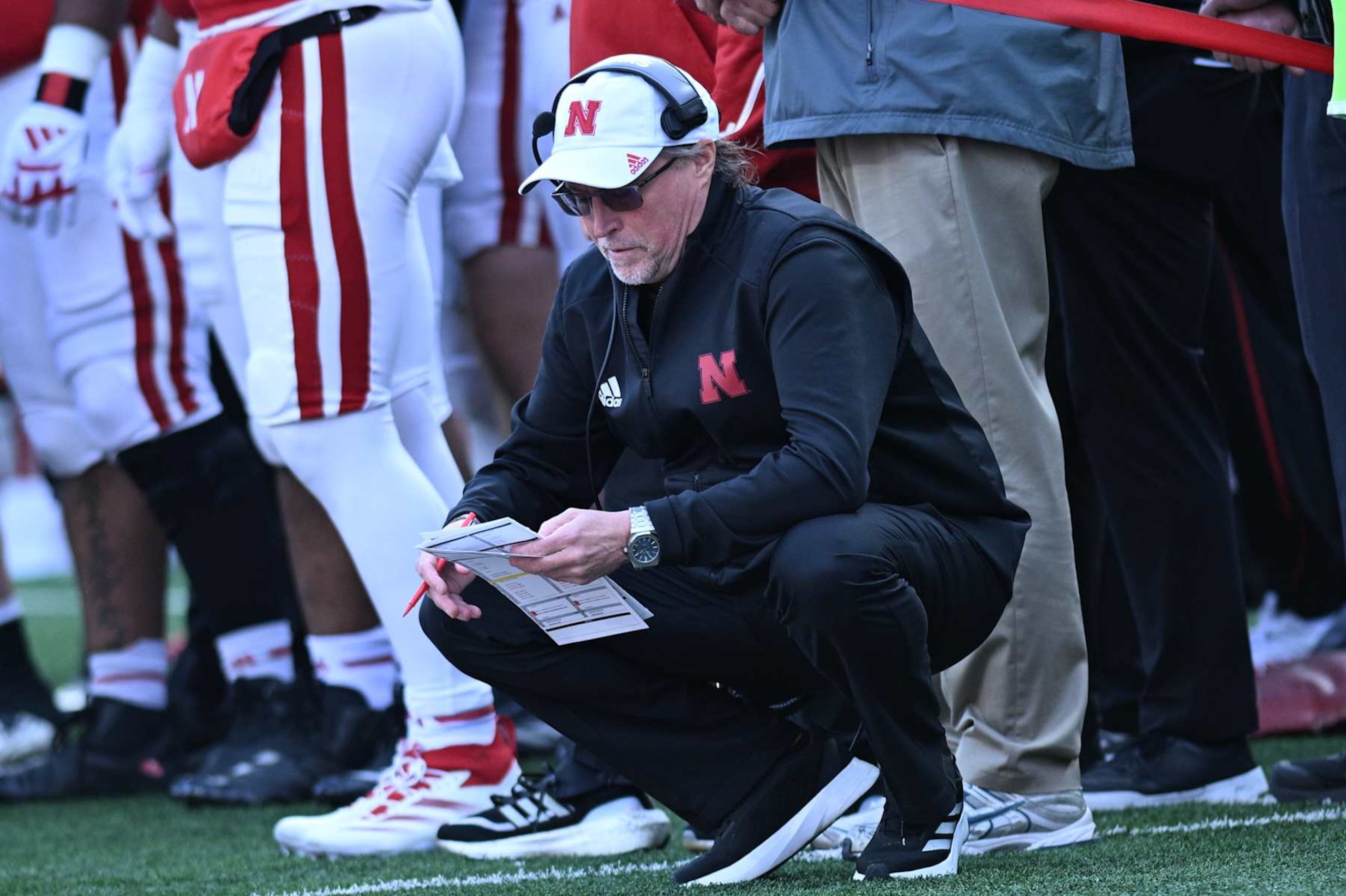 LINCOLN, NEBRASKA - NOVEMBER 23: Offensive coordinator Dana Holgorsen of the Nebraska Cornhuskers watches action against the Wisconsin Badgers at Memorial Stadium on November 23, 2024 in Lincoln, Nebraska.  (Photo by Steven Branscombe/Getty Images)