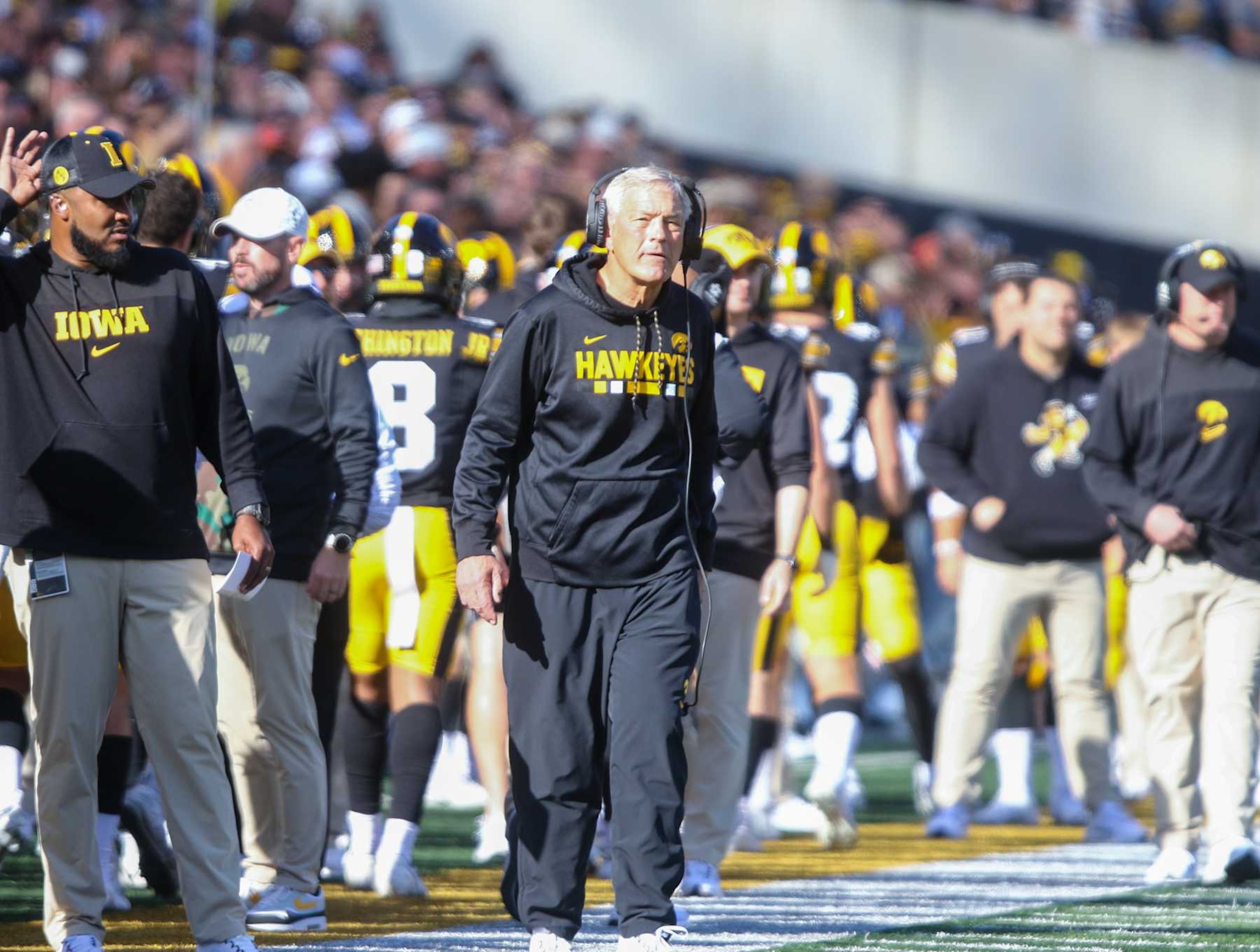 IOWA CITY, IOWA- OCTOBER 26:  Head coach Kirk Ferentz of the Iowa Hawkeyes  walks the sideline during the first half against the Northwestern Wildcats at Kinnick Stadium on October 26, 2024 in Iowa City, Iowa.  (Photo by Matthew Holst/Getty Images)