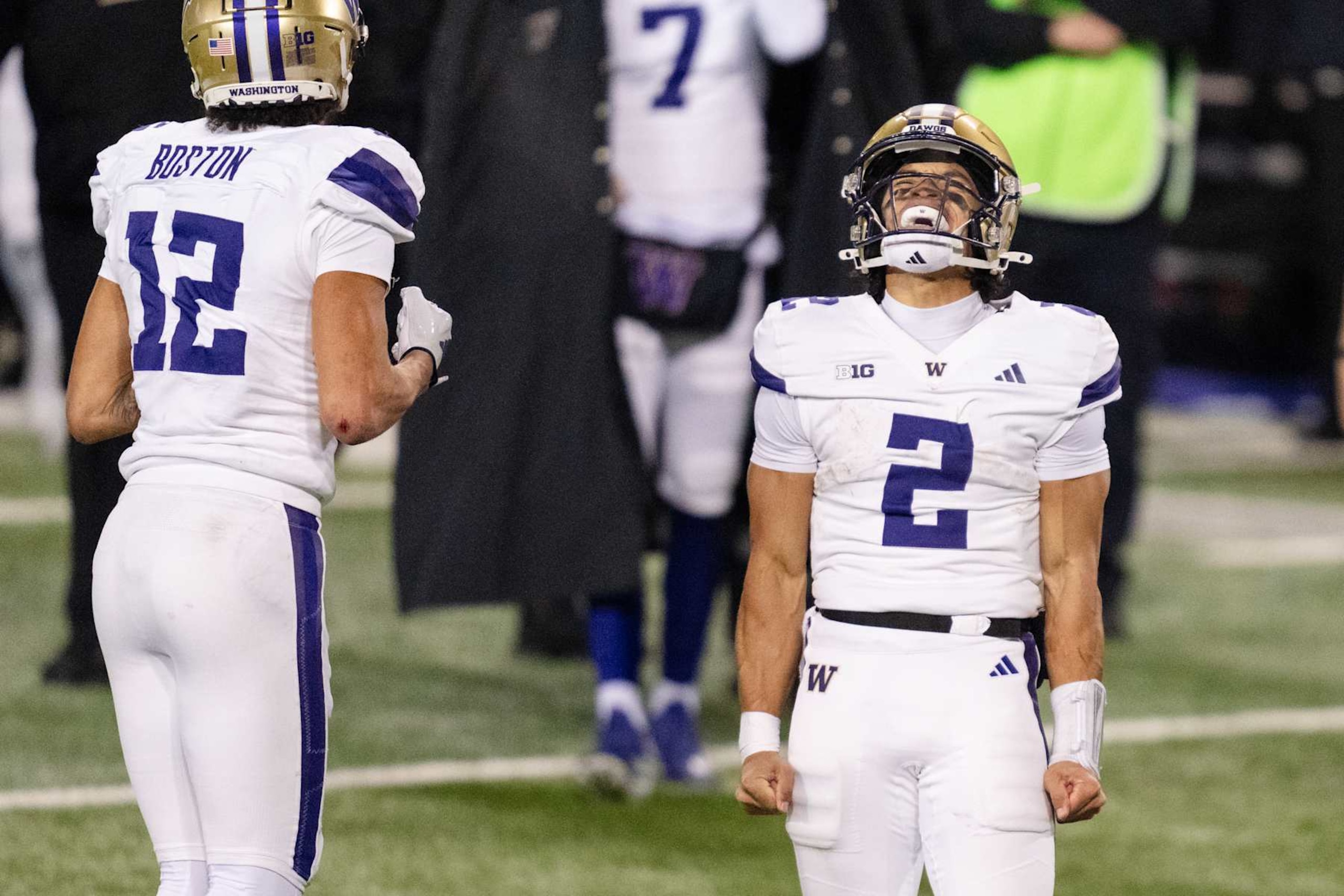 EUGENE, OREGON - NOVEMBER 30: Quarterback Demond Williams Jr. #2 of the Washington Huskies reacts after a touchdown during the first half of the game against the Oregon Ducks at Autzen Stadium on November 30, 2024 in Eugene, Oregon. (Photo by Ali Gradischer/Getty Images)