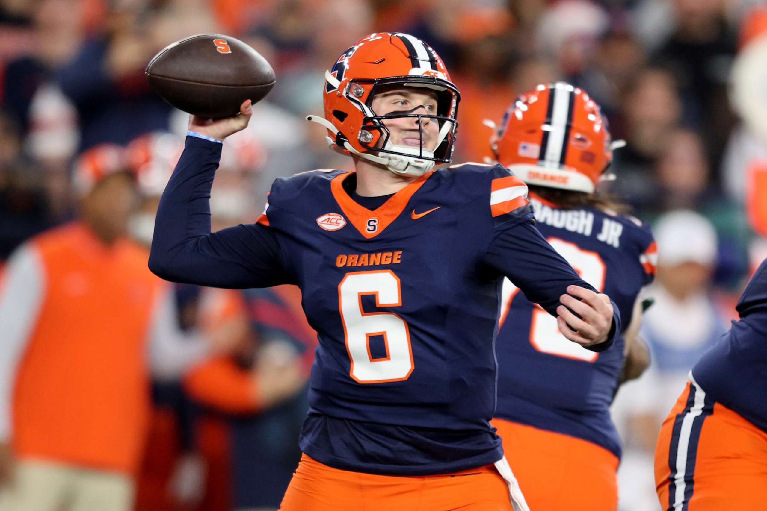 SYRACUSE, NEW YORK - NOVEMBER 30: Kyle McCord #6 of the Syracuse Orange throws a pass during the first quarter against the Miami Hurricanes at JMA Wireless Dome on November 30, 2024 in Syracuse, New York. (Photo by Bryan M. Bennett/Getty Images)