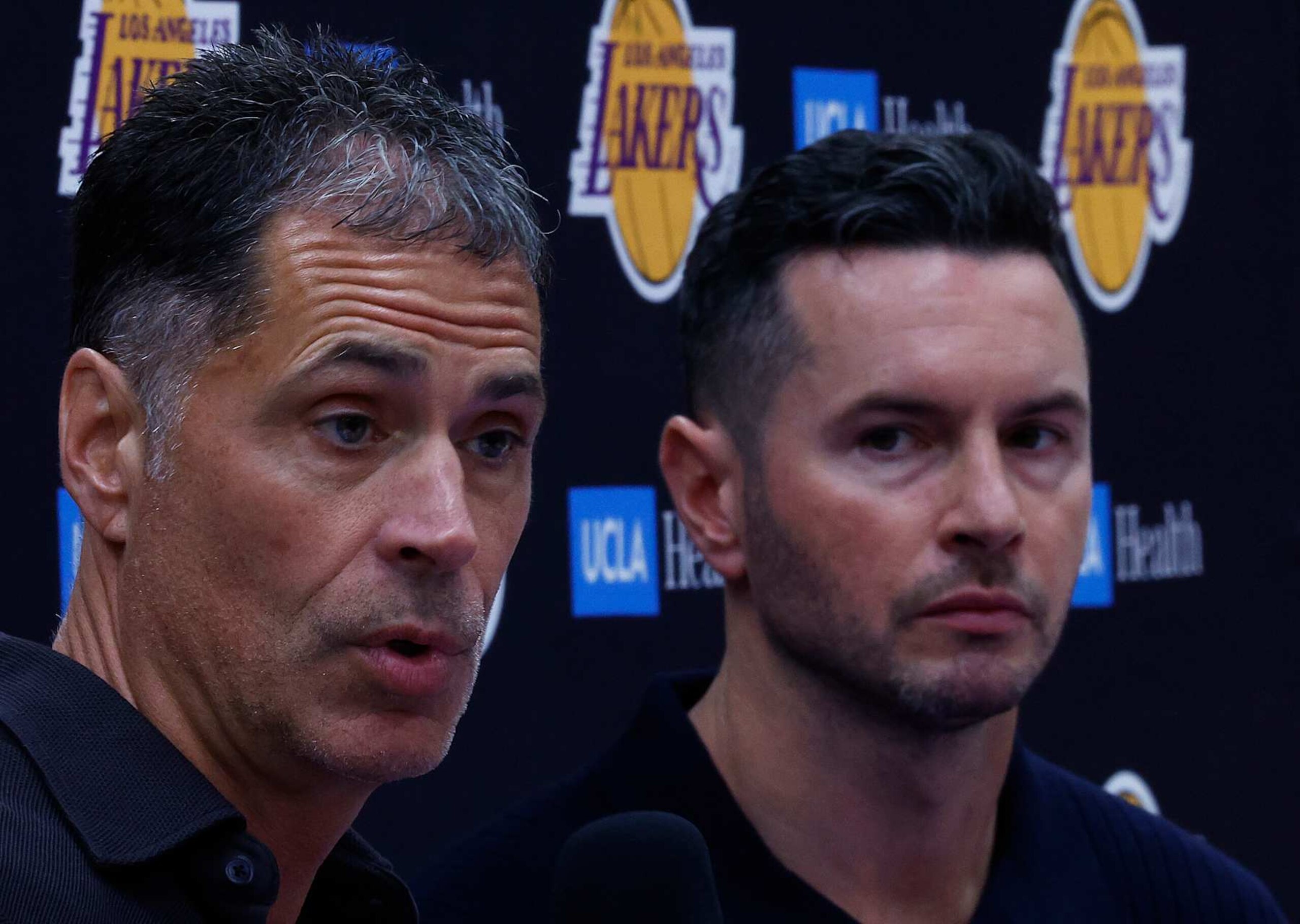 EL SEGUNDO, CALIFORNIA - SEPTEMBER 25: General Manager Rob Pelinka of the Los Angeles Lakers speaks with the media during a press conference at UCLA Health Training Center on September 25, 2024 in El Segundo, California. NOTE TO USER: User expressly acknowledges and agrees that, by downloading and or using this photograph, User is consenting to the terms and conditions of the Getty Images License Agreement. (Photo by Ronald Martinez/Getty Images) EL SEGUNDO, CALIFORNIA - SEPTEMBER 25: General Manager Rob Pelinka of the Los Angeles Lakers speaks with the media during a press conference at UCLA Health Training Center on September 25, 2024 in El Segundo, California. NOTE TO USER: User expressly acknowledges and agrees that, by downloading and or using this photograph, User is consenting to the terms and conditions of the Getty Images License Agreement. (Photo by Ronald Martinez/Getty Images)
