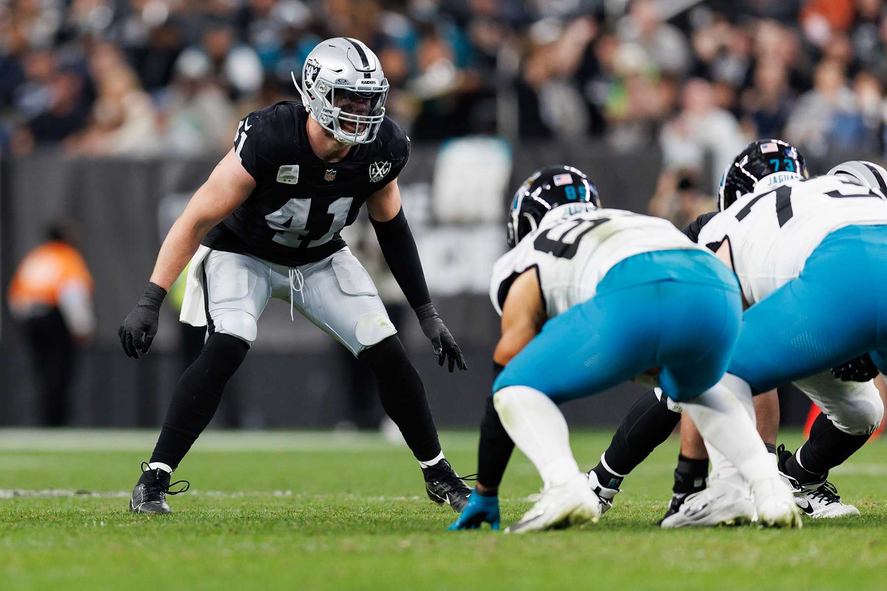 LAS VEGAS, NEVADA - DECEMBER 22: Linebacker Robert Spillane #41 of the Las Vegas Raiders gets set during an NFL football game against the Jacksonville Jaguars, at Allegiant Stadium on December 22, 2024 in Las Vegas, Nevada. (Photo by Brooke Sutton/Getty Images)