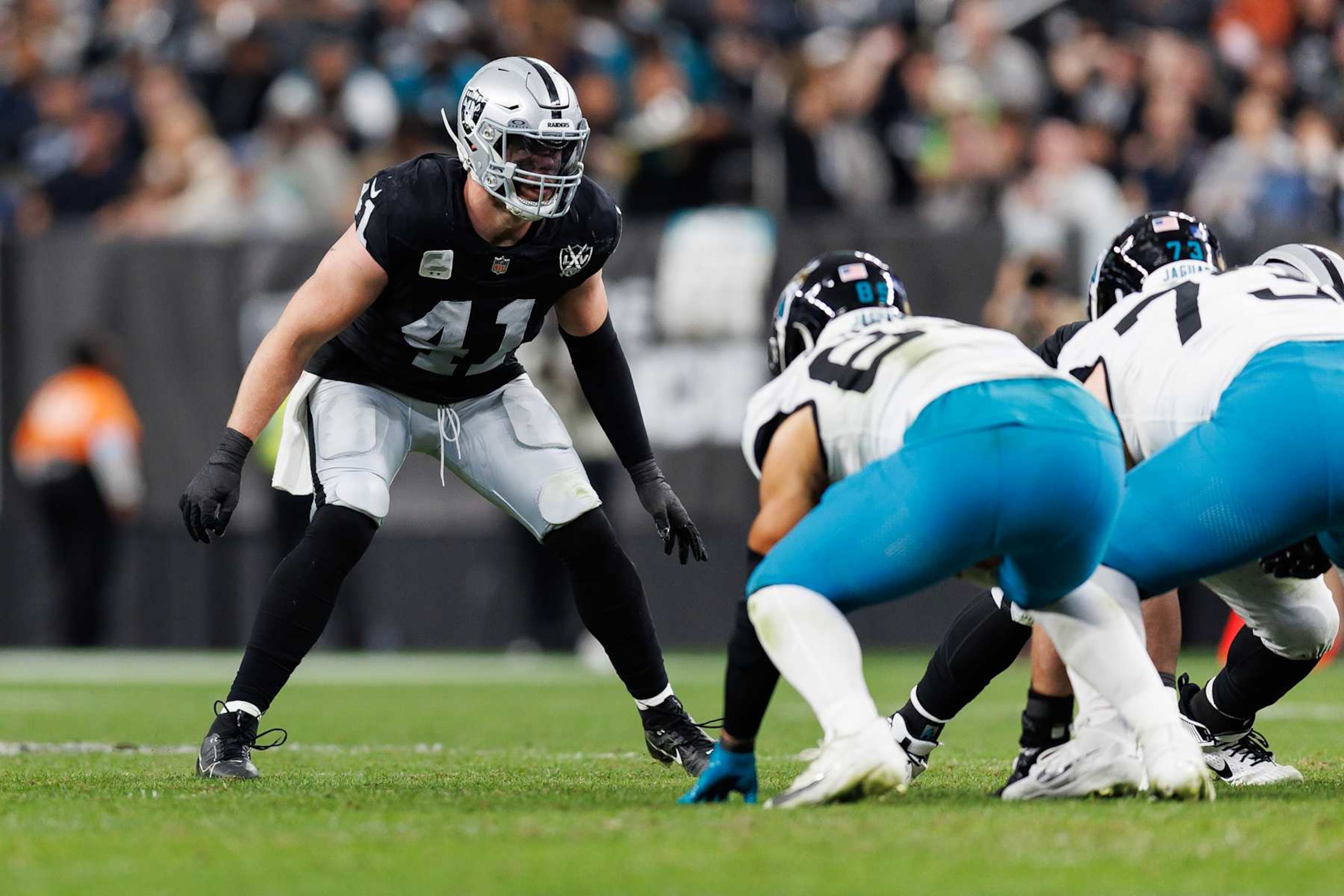 LAS VEGAS, NEVADA - DECEMBER 22: Linebacker Robert Spillane #41 of the Las Vegas Raiders gets set during an NFL football game against the Jacksonville Jaguars, at Allegiant Stadium on December 22, 2024 in Las Vegas, Nevada. (Photo by Brooke Sutton/Getty Images) LAS VEGAS, NEVADA - DECEMBER 22: Linebacker Robert Spillane #41 of the Las Vegas Raiders gets set during an NFL football game against the Jacksonville Jaguars, at Allegiant Stadium on December 22, 2024 in Las Vegas, Nevada. (Photo by Brooke Sutton/Getty Images)