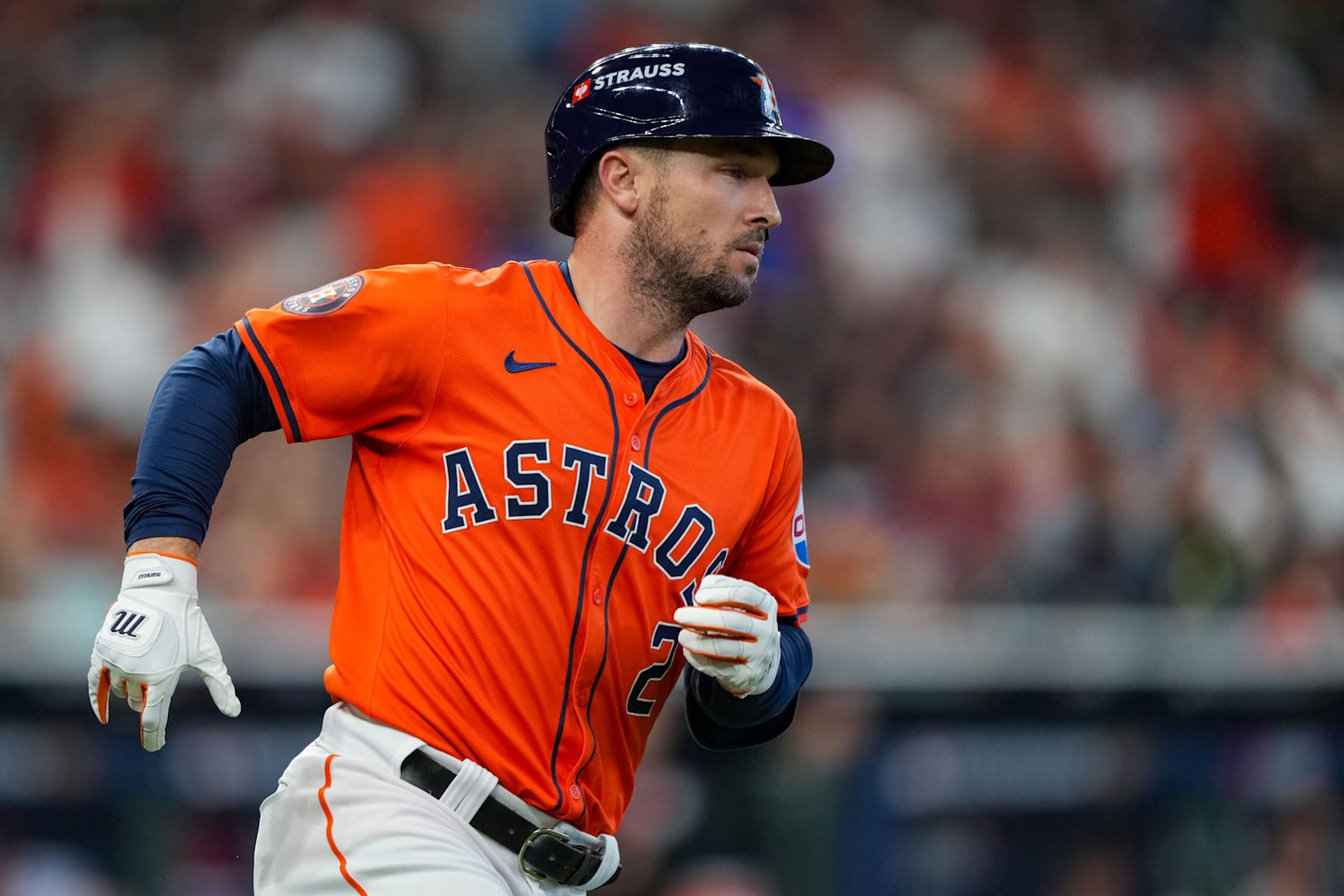 HOUSTON, TX - OCTOBER 02: Alex Bregman #2 of the Houston Astros runs to first base during Game 2 of the Wild Card Series presented by T-Mobile 5G Home Internet between the Detroit Tigers and the Houston Astros at Minute Maid Park on Wednesday, October 2, 2024 in Houston, Texas. (Photo by Alex Bierens de Haan/MLB Photos via Getty Images) HOUSTON, TX - OCTOBER 02: Alex Bregman #2 of the Houston Astros runs to first base during Game 2 of the Wild Card Series presented by T-Mobile 5G Home Internet between the Detroit Tigers and the Houston Astros at Minute Maid Park on Wednesday, October 2, 2024 in Houston, Texas. (Photo by Alex Bierens de Haan/MLB Photos via Getty Images)