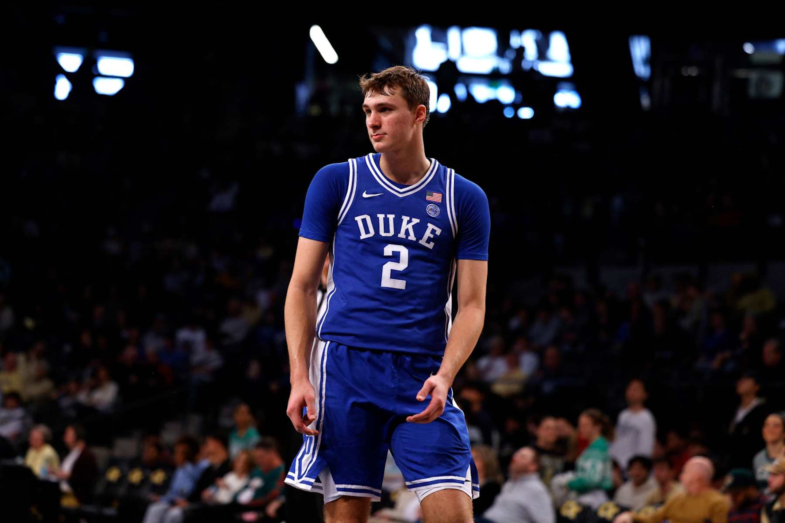 ATLANTA, GEORGIA - DECEMBER 21: Cooper Flagg #2 of the Duke Blue Devils looks on during the game against the Georgia Tech Yellow Jackets at McCamish Pavilion on December 21, 2024 in Atlanta, Georgia. (Photo by Lance King/Getty Images)