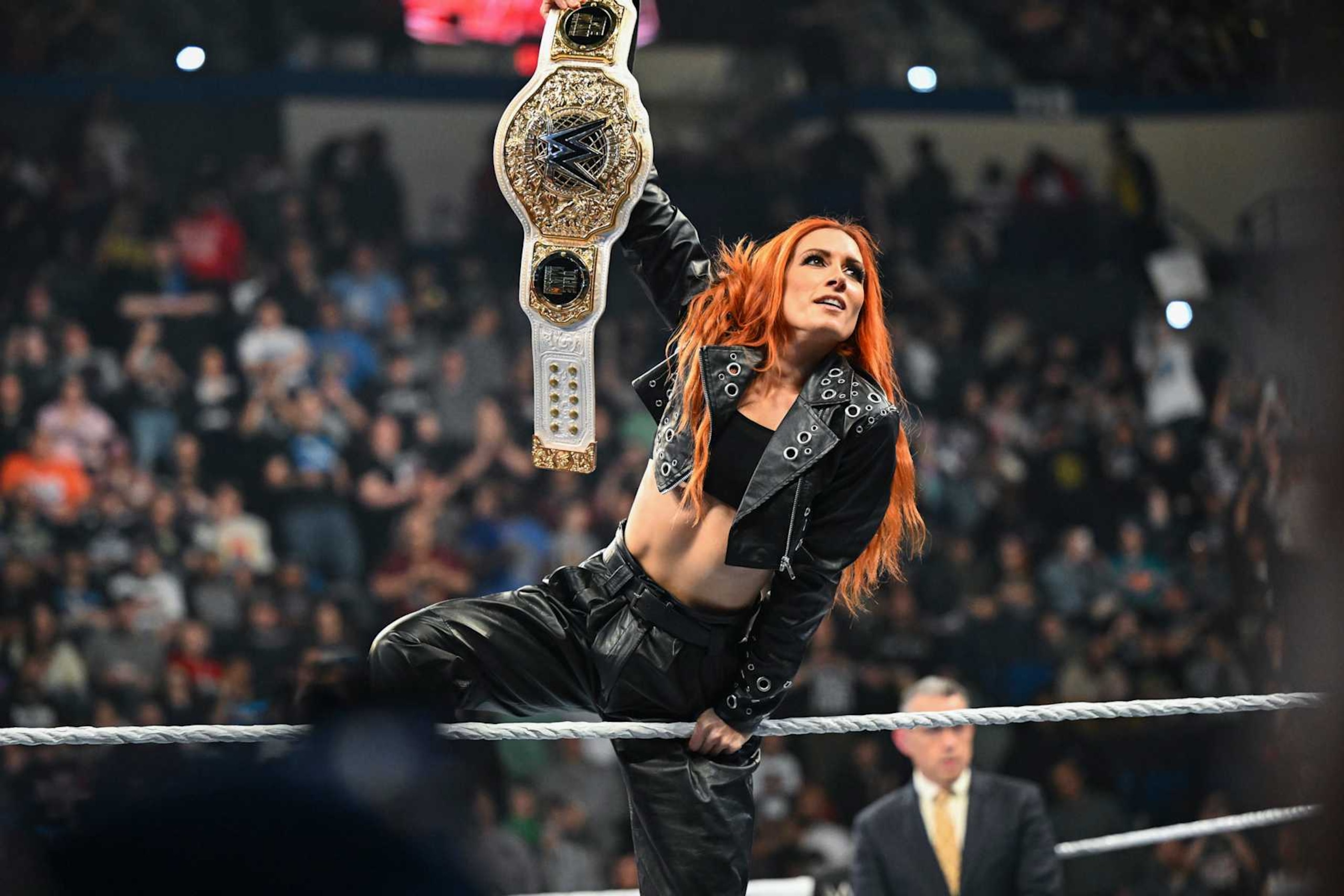 HARTFORD, CONNECTICUT - MAY 6: WWE Women's World Champion, Becky Lynch makes her entrance during Monday Night RAW at XL Center on May 6, 2024 in Hartford, Connecticut.  (Photo by WWE/Getty Images)