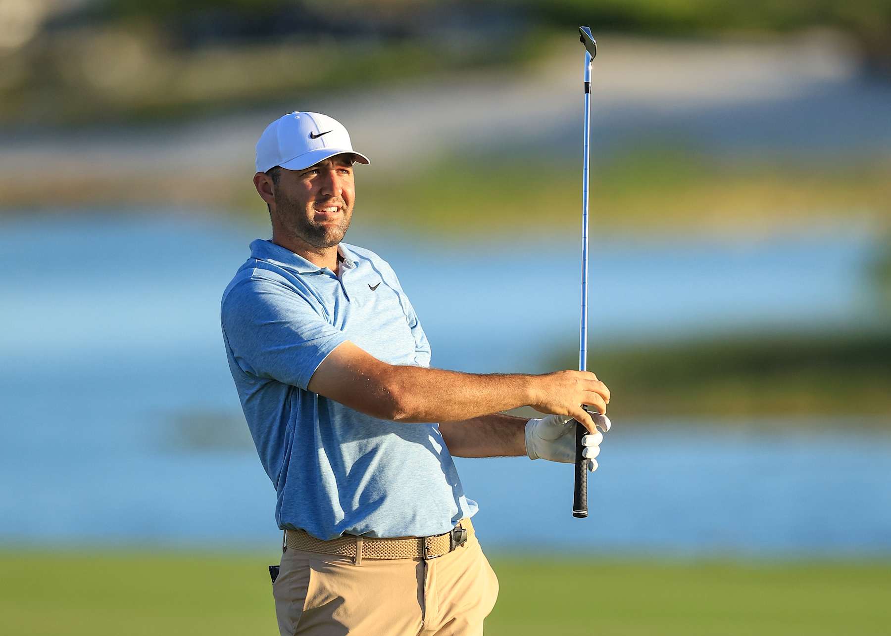 NASSAU, BAHAMAS - DECEMBER 08: Scottie Scheffler of The United States plays his second shot on the 18th hole during the final round of the Hero World Challenge 2024 at Albany Golf Course on December 08, 2024 in Nassau, Bahamas. (Photo by David Cannon/Getty Images)