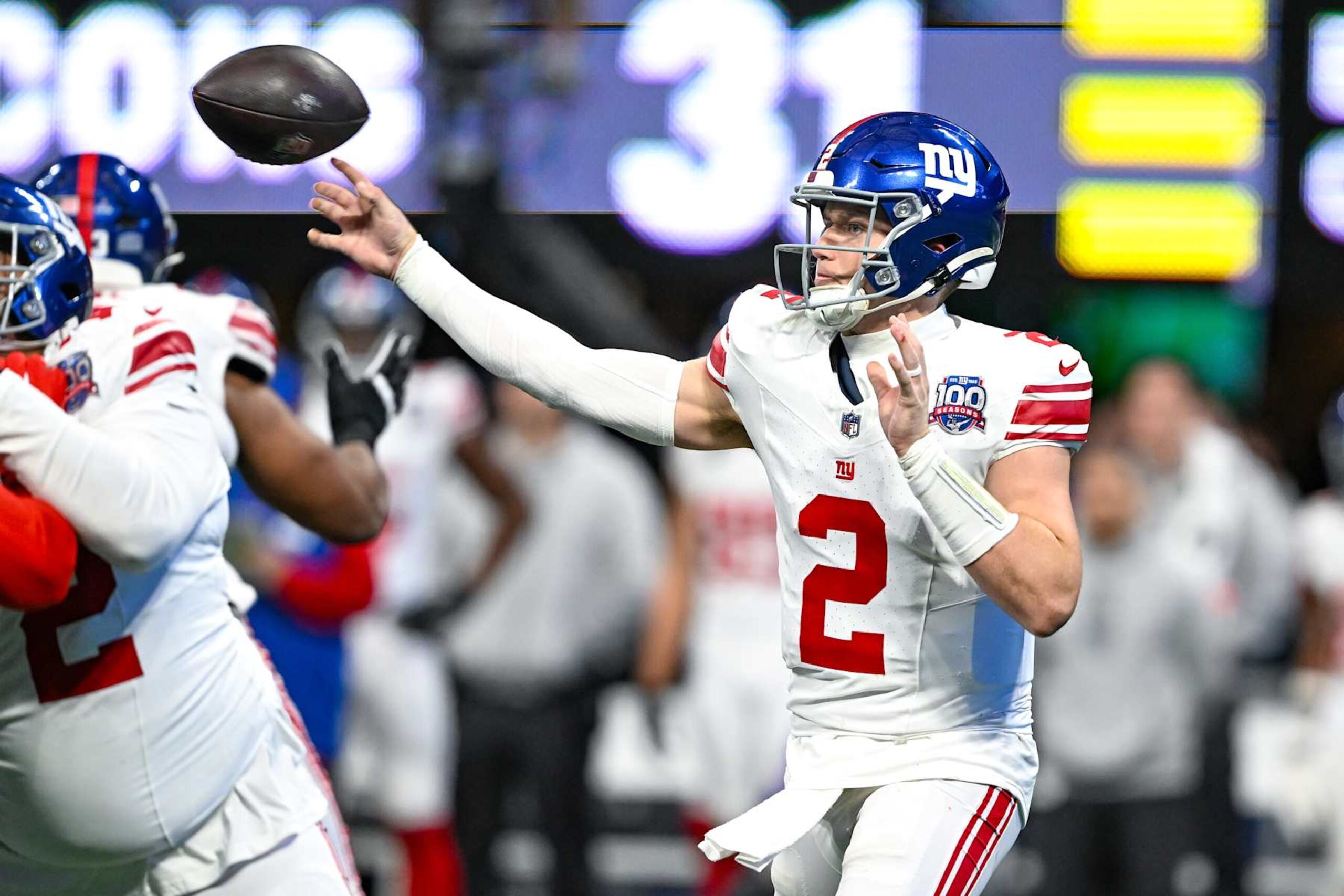 ATLANTA, GA  DECEMBER 22:  New York quarterback Drew Lock (2) throws a pass during the NFL game between the New York Giants and the Atlanta Falcons on December 22nd, 2024 at Mercedes-Benz Stadium in Atlanta, GA.  (Photo by Rich von Biberstein/Icon Sportswire via Getty Images)