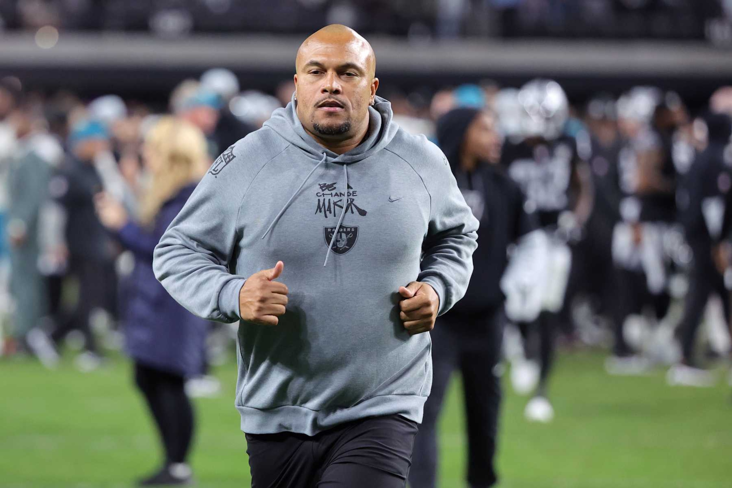 LAS VEGAS, NEVADA - DECEMBER 22: Head coach Antonio Pierce of the Las Vegas Raiders leaves the field after the Raiders' 19-14 victory over the Jacksonville Jaguars at Allegiant Stadium on December 22, 2024 in Las Vegas, Nevada. (Photo by Ethan Miller/Getty Images)