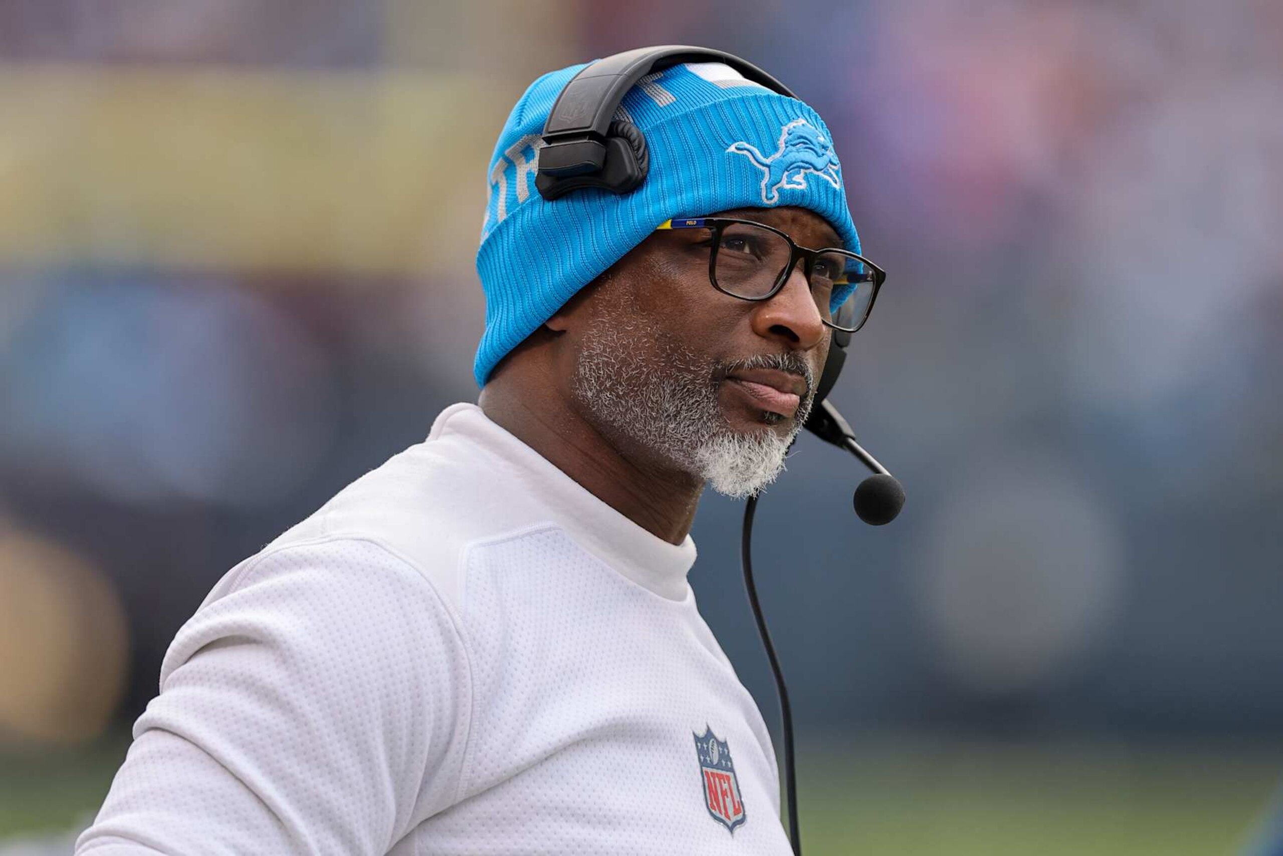 CHICAGO, ILLINOIS - DECEMBER 22: Defensive coordinator Aaron Glenn of the Detroit Lions looks on during the second half against the Chicago Bears at Soldier Field on December 22, 2024 in Chicago, Illinois. (Photo by Michael Reaves/Getty Images) CHICAGO, ILLINOIS - DECEMBER 22: Defensive coordinator Aaron Glenn of the Detroit Lions looks on during the second half against the Chicago Bears at Soldier Field on December 22, 2024 in Chicago, Illinois. (Photo by Michael Reaves/Getty Images)