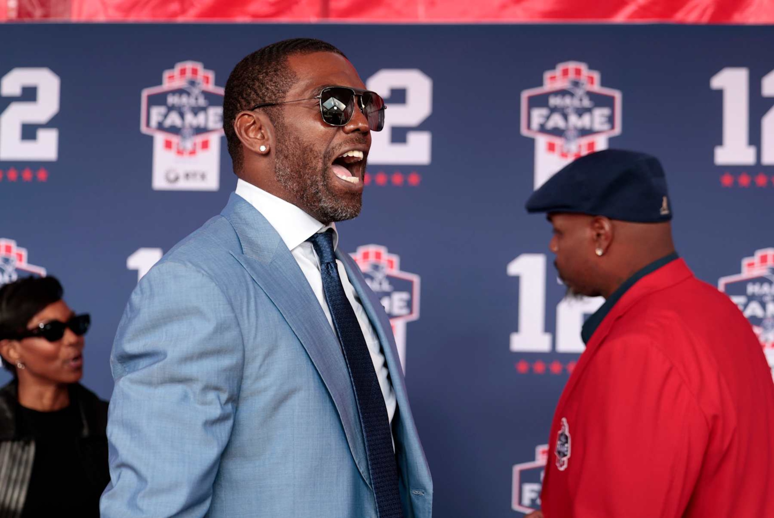 FOXBOROUGH, MA - JUNE 12: Randy Moss during the induction of Tom Brady into the New England Patriots Hall of Fame on June 12, 2024 at Gillette Stadium in Foxborough, Massachusetts. (Photo by Fred Kfoury III/Icon Sportswire via Getty Images)