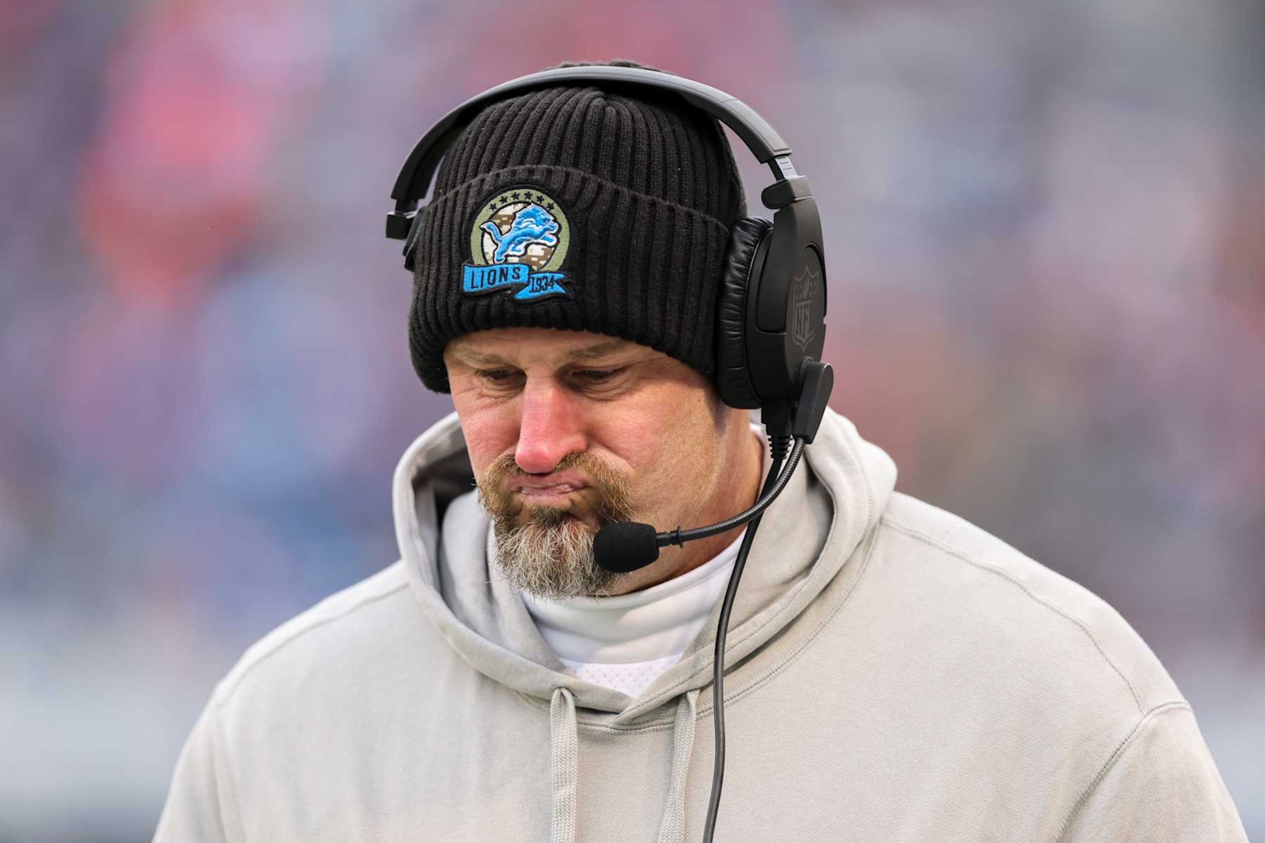 CHICAGO, ILLINOIS - DECEMBER 22: Head coach Dan Campbell of the Detroit Lions looks on during the fourth quarter against the Chicago Bears at Soldier Field on December 22, 2024 in Chicago, Illinois. (Photo by Michael Reaves/Getty Images)
