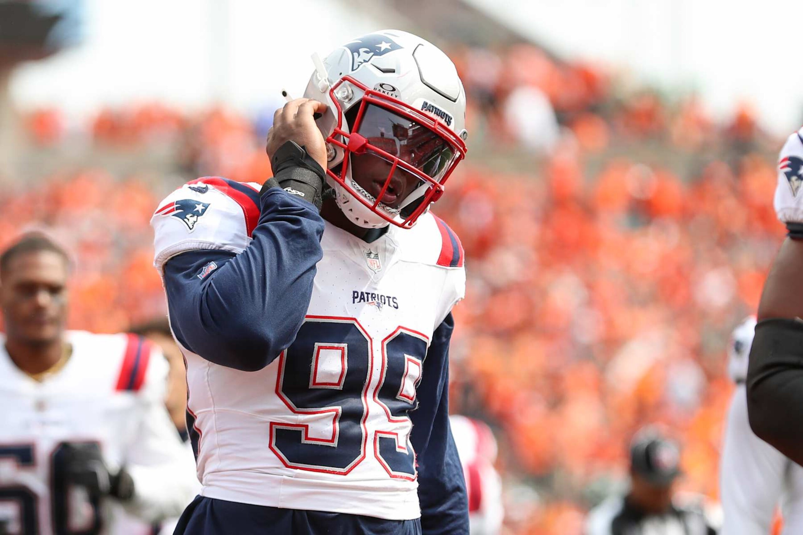 CINCINNATI, OH - SEPTEMBER 08: New England Patriots defensive end Keion White (99) walks off the field at halftime during the game against the New England Patriots and the Cincinnati Bengals on September 8, 2024, at Paycor Stadium in Cincinnati, OH. (Photo by Ian Johnson/Icon Sportswire via Getty Images)