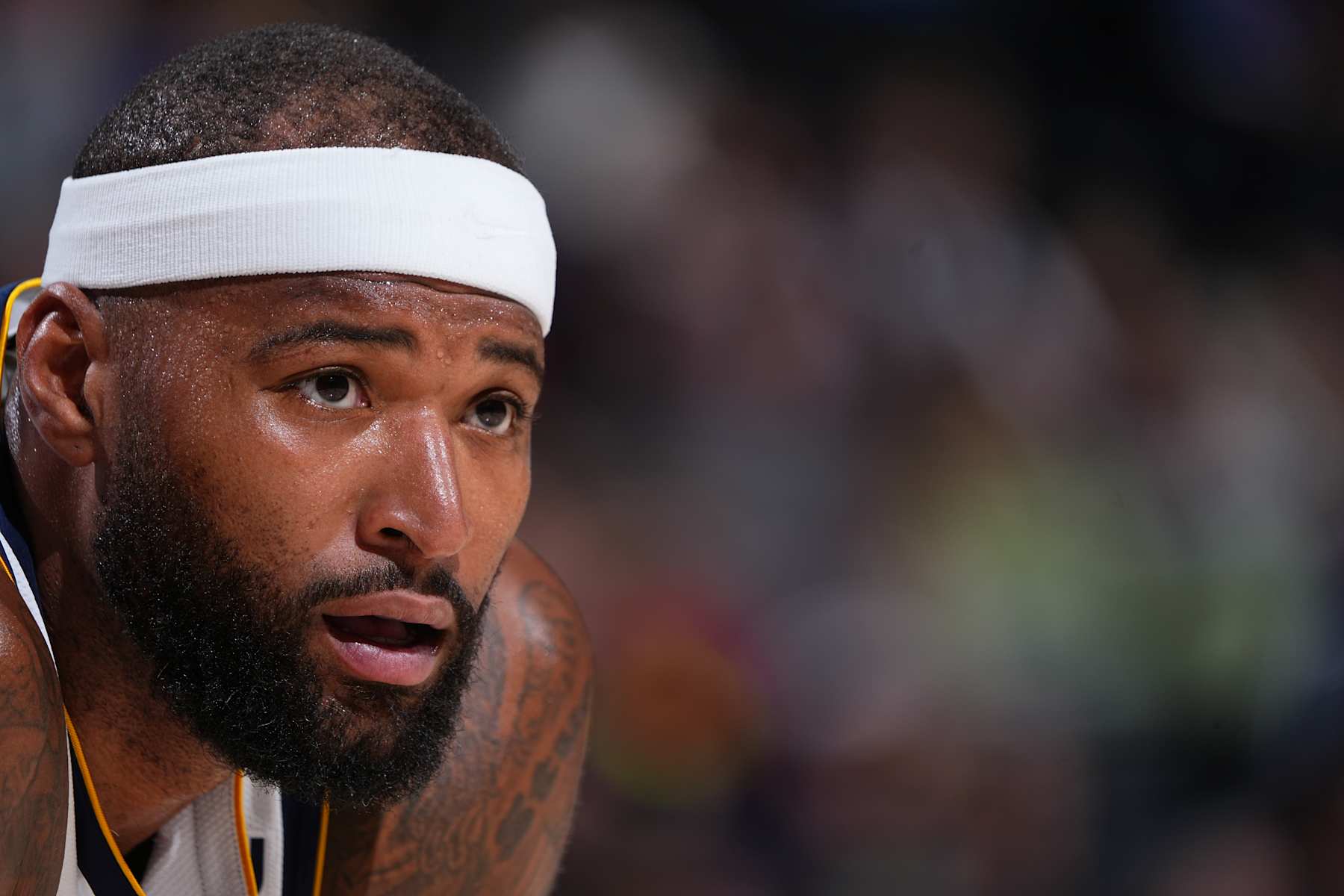 DENVER, CO - FEBRUARY 26: DeMarcus Cousins #4 of the Denver Nuggets looks on during the game against the Sacramento Kings on February 26, 2022 at the Ball Arena in Denver, Colorado. NOTE TO USER: User expressly acknowledges and agrees that, by downloading and/or using this Photograph, user is consenting to the terms and conditions of the Getty Images License Agreement. Mandatory Copyright Notice: Copyright 2022 NBAE (Photo by Garrett Ellwood/NBAE via Getty Images)