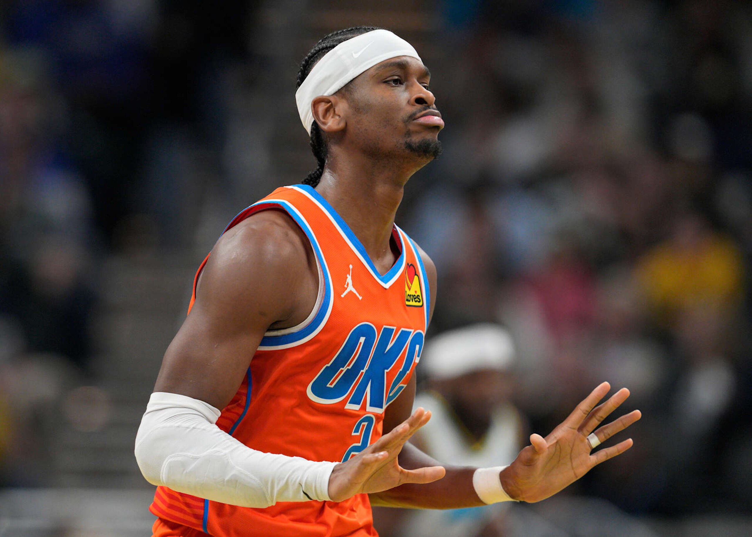 INDIANAPOLIS, INDIANA - DECEMBER 26: Shai Gilgeous-Alexander #2 of the Oklahoma City Thunder gestures after scoring during the second half of an NBA basketball game against the Oklahoma City Thunder at Gainbridge Fieldhouse on December 26, 2024 in Indianapolis, Indiana. NOTE TO USER: User expressly acknowledges and agrees that, by downloading and or using this Photograph, user is consenting to the terms and conditions of the Getty Images License Agreement. (Photo by Jeff Dean/Getty Images) INDIANAPOLIS, INDIANA - DECEMBER 26: Shai Gilgeous-Alexander #2 of the Oklahoma City Thunder gestures after scoring during the second half of an NBA basketball game against the Oklahoma City Thunder at Gainbridge Fieldhouse on December 26, 2024 in Indianapolis, Indiana. NOTE TO USER: User expressly acknowledges and agrees that, by downloading and or using this Photograph, user is consenting to the terms and conditions of the Getty Images License Agreement. (Photo by Jeff Dean/Getty Images)