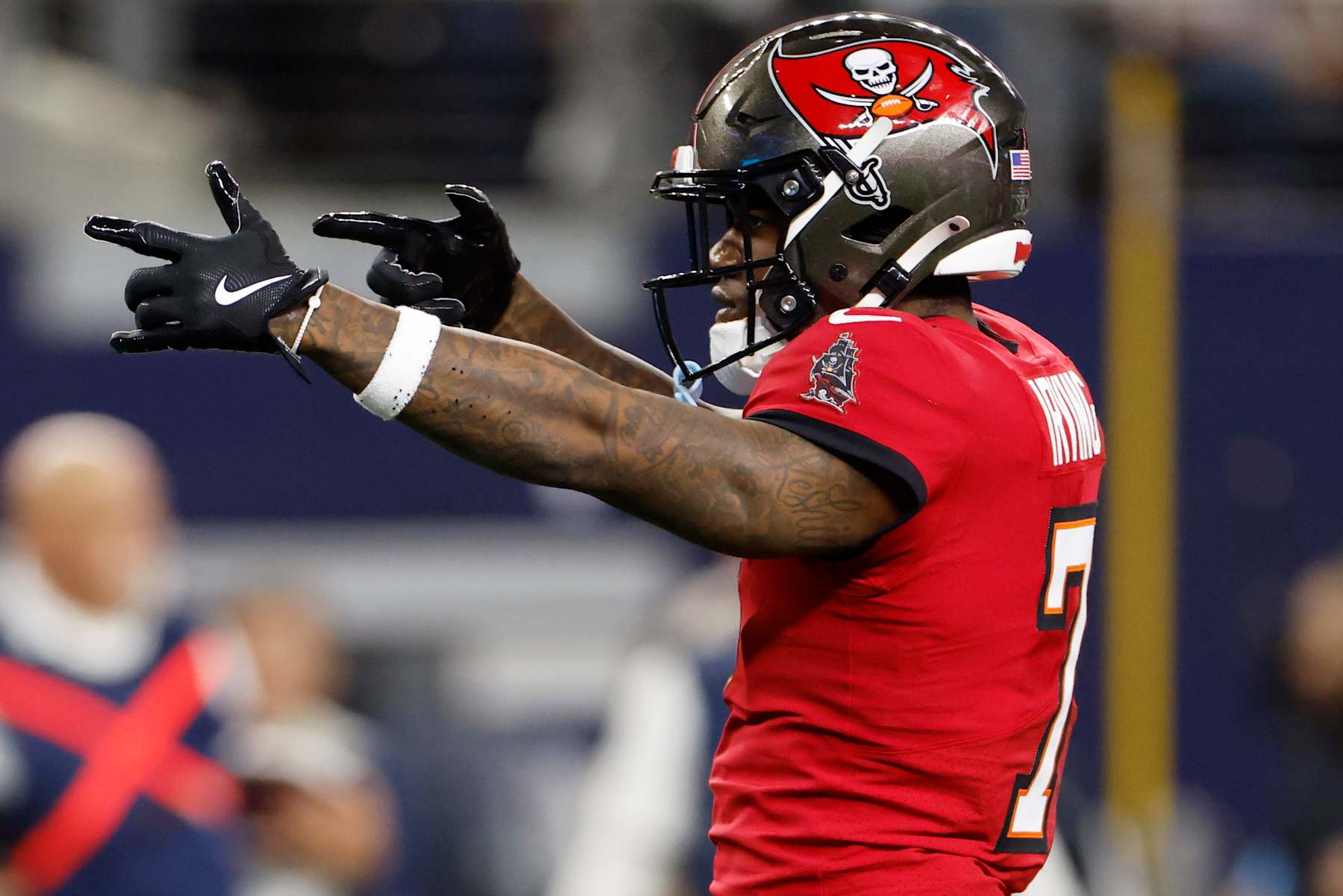 ARLINGTON, TEXAS - DECEMBER 22: Bucky Irving #7 of the Tampa Bay Buccaneers reacts during the second quarter against the Dallas Cowboys at AT&T Stadium on December 22, 2024 in Arlington, Texas. (Photo by Ron Jenkins/Getty Images)