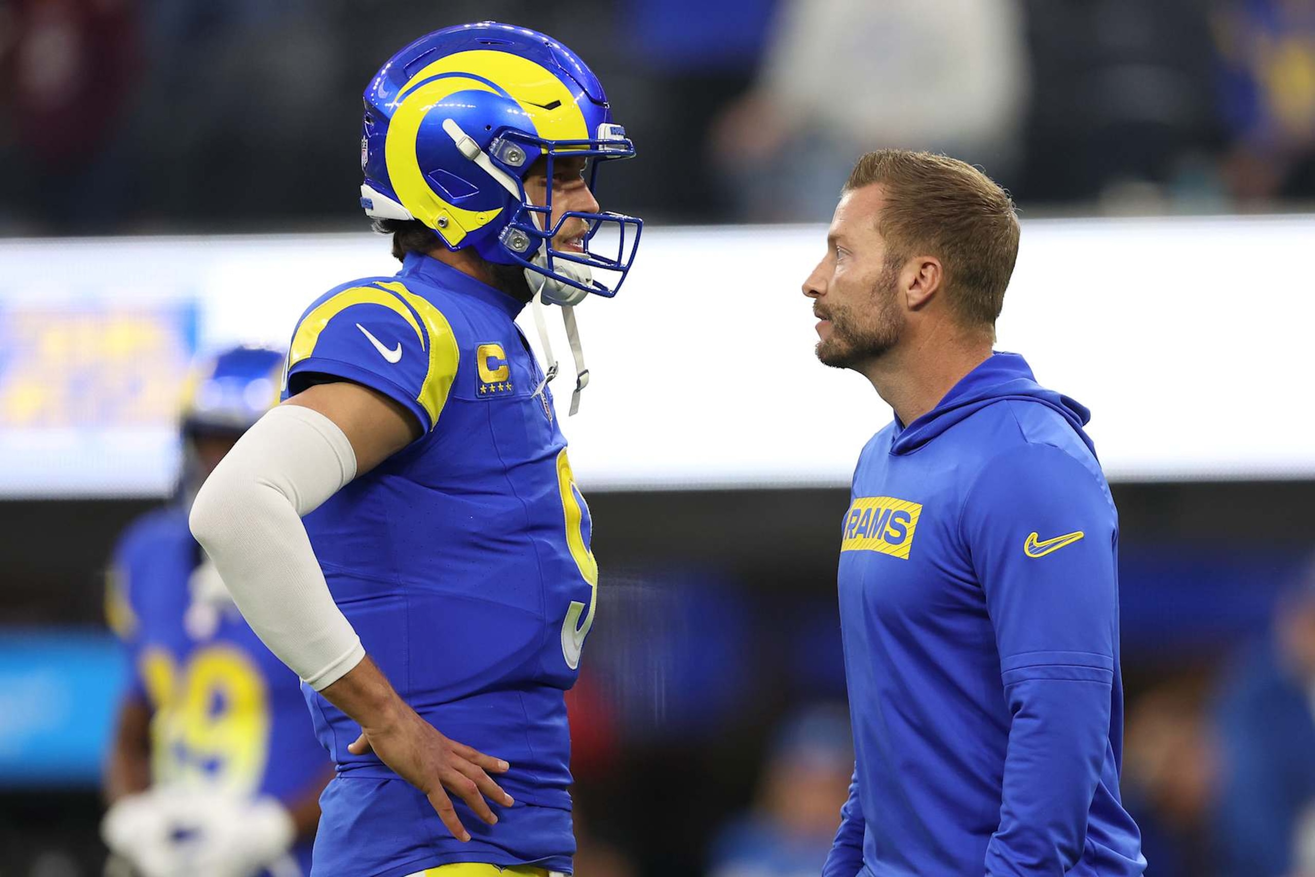 INGLEWOOD, CALIFORNIA - DECEMBER 28: Matthew Stafford #9 of the Los Angeles Rams speaks with head coach Sean McVay prior to the game against the Arizona Cardinals at SoFi Stadium on December 28, 2024 in Inglewood, California. (Photo by Harry How/Getty Images) INGLEWOOD, CALIFORNIA - DECEMBER 28: Matthew Stafford #9 of the Los Angeles Rams speaks with head coach Sean McVay prior to the game against the Arizona Cardinals at SoFi Stadium on December 28, 2024 in Inglewood, California. (Photo by Harry How/Getty Images)