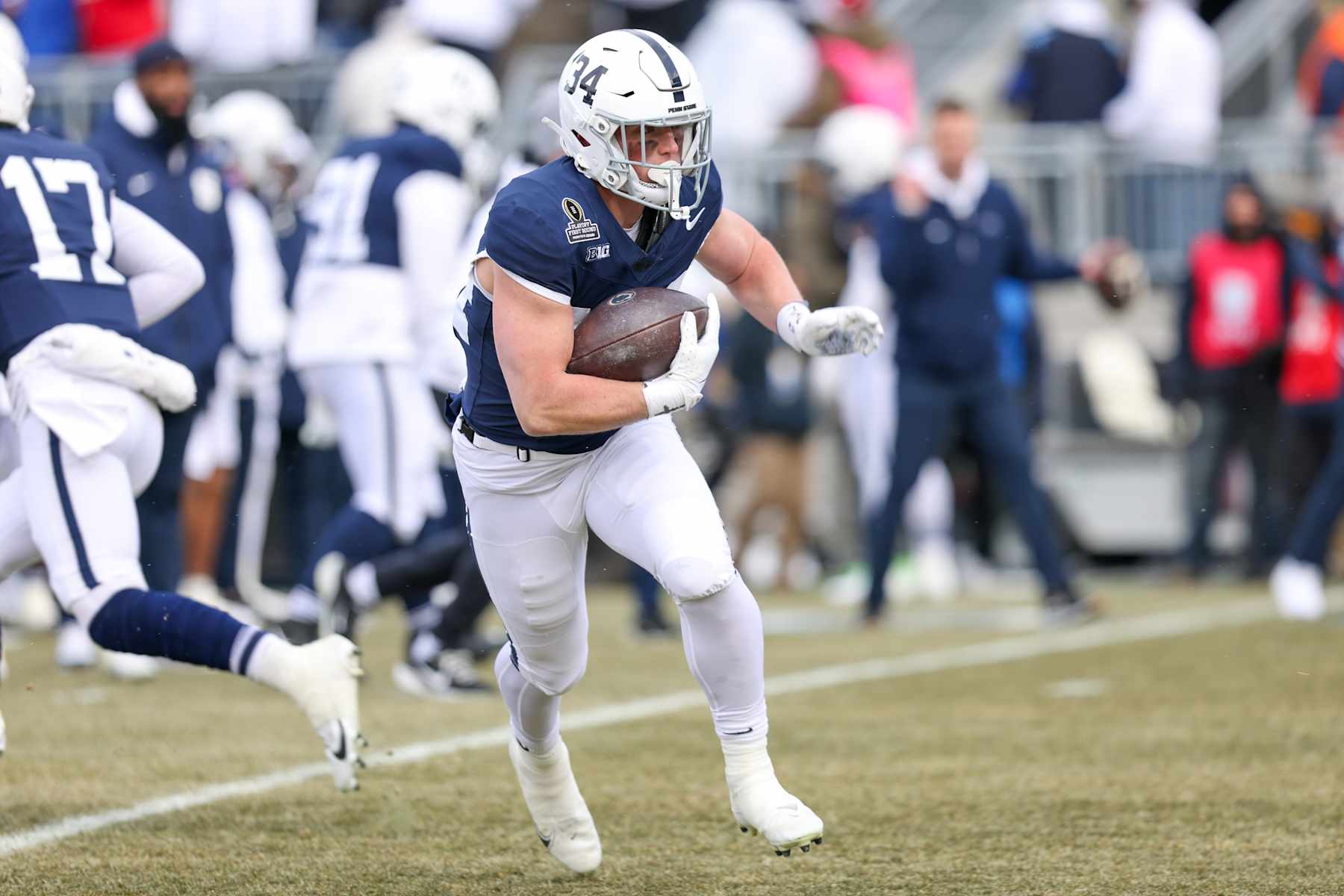 STATE COLLEGE, PA - DECEMBER 21: Tyler Holzworth #34 of the Penn State Nittany Lions rushes the ball before a game between SMU and Penn State at Beaver Stadium on December 21, 2024 in State College, Pennsylvania. (Photo by Roger Wimmer/ISI Photos/Getty Images)