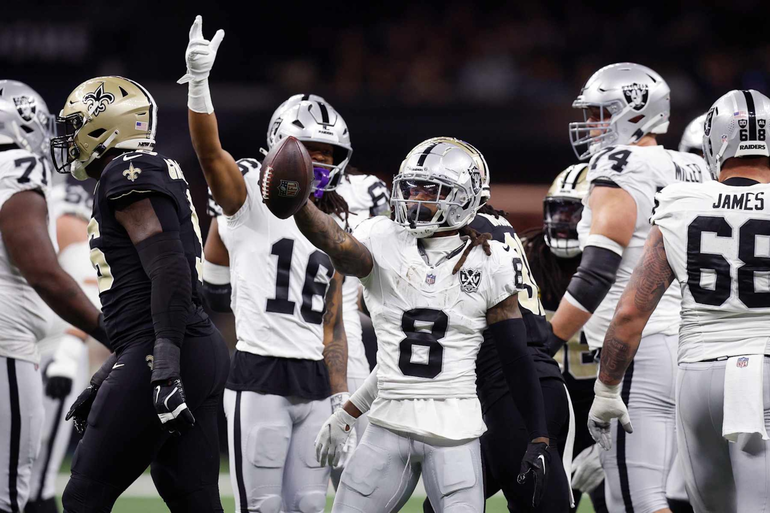 NEW ORLEANS, LOUISIANA - DECEMBER 29: Ameer Abdullah #8 of the Las Vegas Raiders celebrates a first down in the first quarter against the New Orleans Saints at Caesars Superdome on December 29, 2024 in New Orleans, Louisiana. (Photo by Sean Gardner/Getty Images)