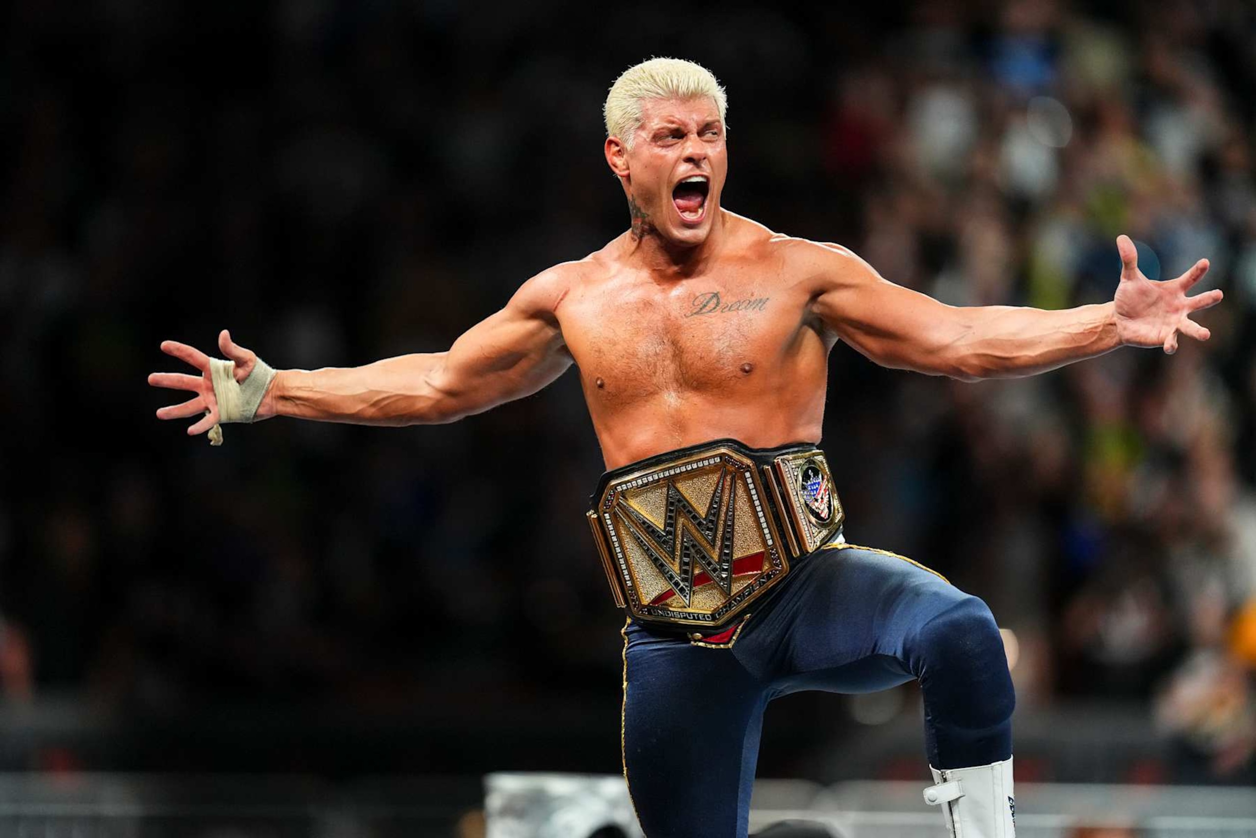 CLEVELAND, OHIO - AUGUST 03: Cody Rhodes celebrates his win during SummerSlam at Cleveland Browns Stadium on August 3, 2024 in Cleveland, Ohio. (Photo by WWE/Getty Images) CLEVELAND, OHIO - AUGUST 03: Cody Rhodes celebrates his win during SummerSlam at Cleveland Browns Stadium on August 3, 2024 in Cleveland, Ohio. (Photo by WWE/Getty Images)