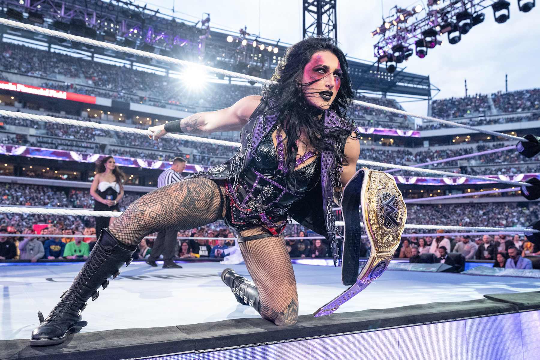 PHILADELPHIA, PENNSYLVANIA - APRIL 6: Rhea Ripley enters the ring during Night One of WrestleMania 40 at Lincoln Financial Field on April 6, 2024 in Philadelphia, Pennsylvania. (Photo by WWE/Getty Images)