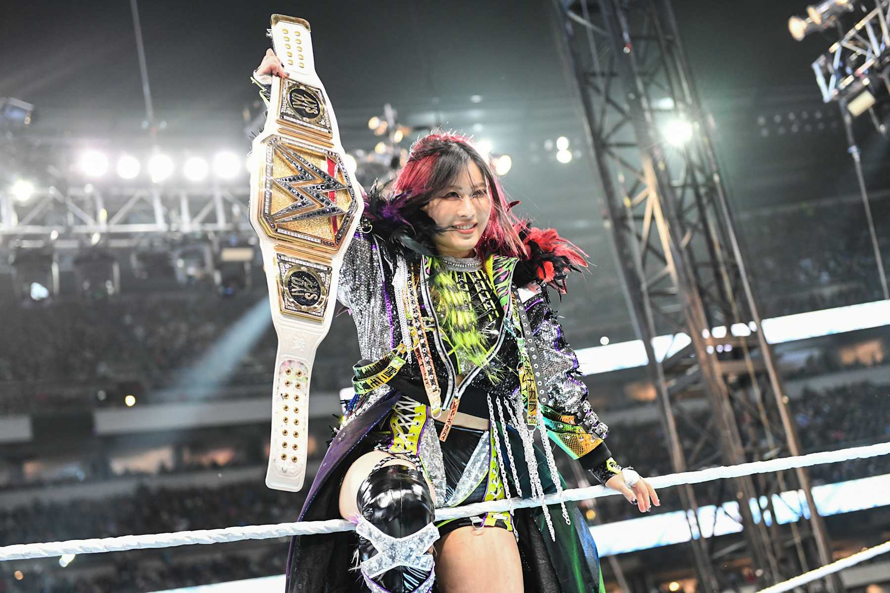 PHILADELPHIA, PENNSYLVANIA - APRIL 7: IYO Sky enters the ring during Night Two of WrestleMania 40 at Lincoln Financial Field on April 7, 2024 in Philadelphia, Pennsylvania. (Photo by WWE/Getty Images)