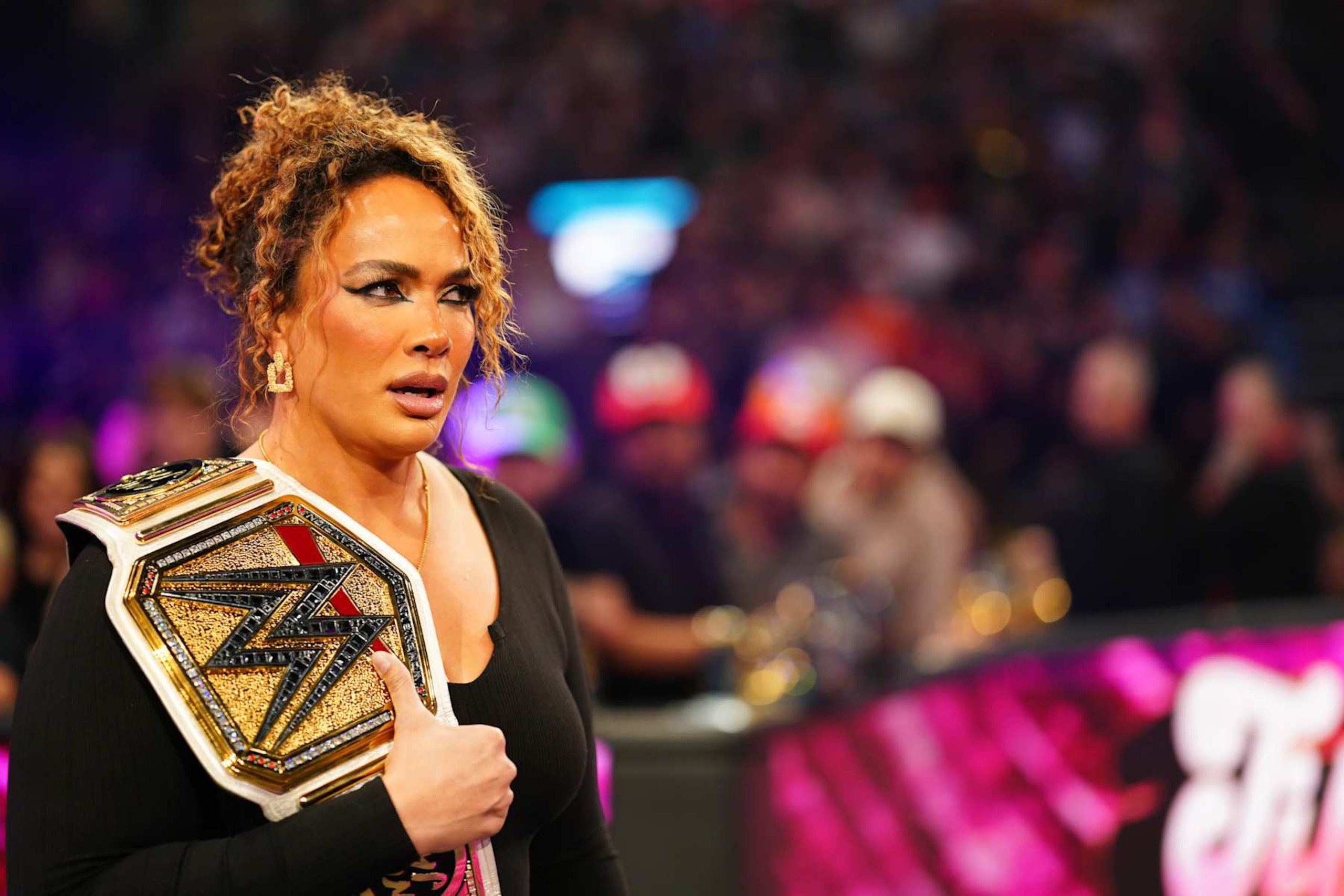 SALT LAKE CITY, UTAH - NOVEMBER 22: Nia Jax enters during WWE SmackDown at Delta Center on November 22, 2024 in Salt Lake City, Utah. (Photo by WWE/Getty Images) SALT LAKE CITY, UTAH - NOVEMBER 22: Nia Jax enters during WWE SmackDown at Delta Center on November 22, 2024 in Salt Lake City, Utah. (Photo by WWE/Getty Images)