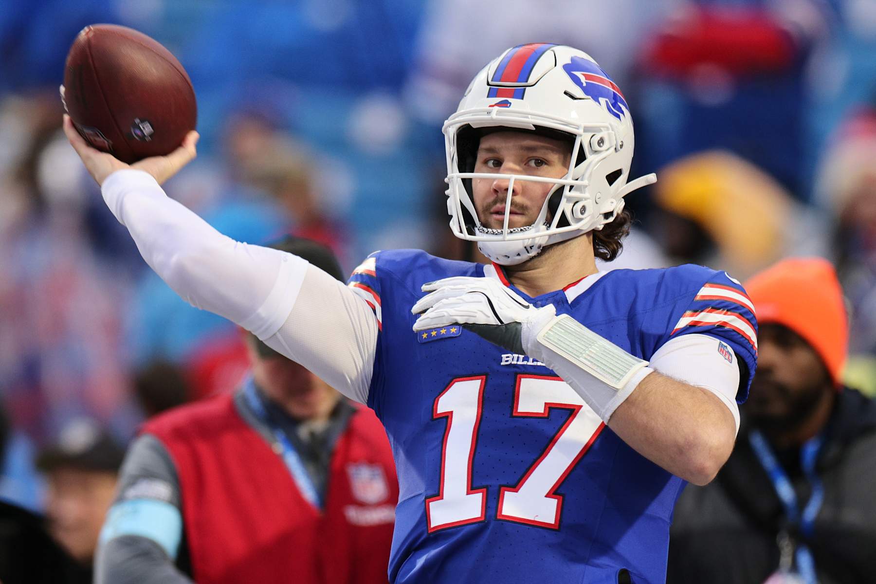 ORCHARD PARK, NEW YORK - DECEMBER 29: Quarterback Josh Allen #17 of the Buffalo Bills warms up prior to a game against the New York Jets at Highmark Stadium on December 29, 2024 in Orchard Park, New York. (Photo by Bryan M. Bennett/Getty Images)