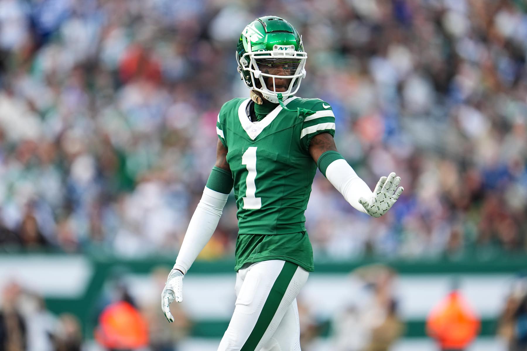 EAST RUTHERFORD, NJ - NOVEMBER 17: Sauce Gardner #1 of the New York Jets lines up before the snap during an NFL football game against the Indianapolis Colts at MetLife Stadium on November 17, 2024 in East Rutherford, New Jersey. (Photo by Cooper Neill/Getty Images)