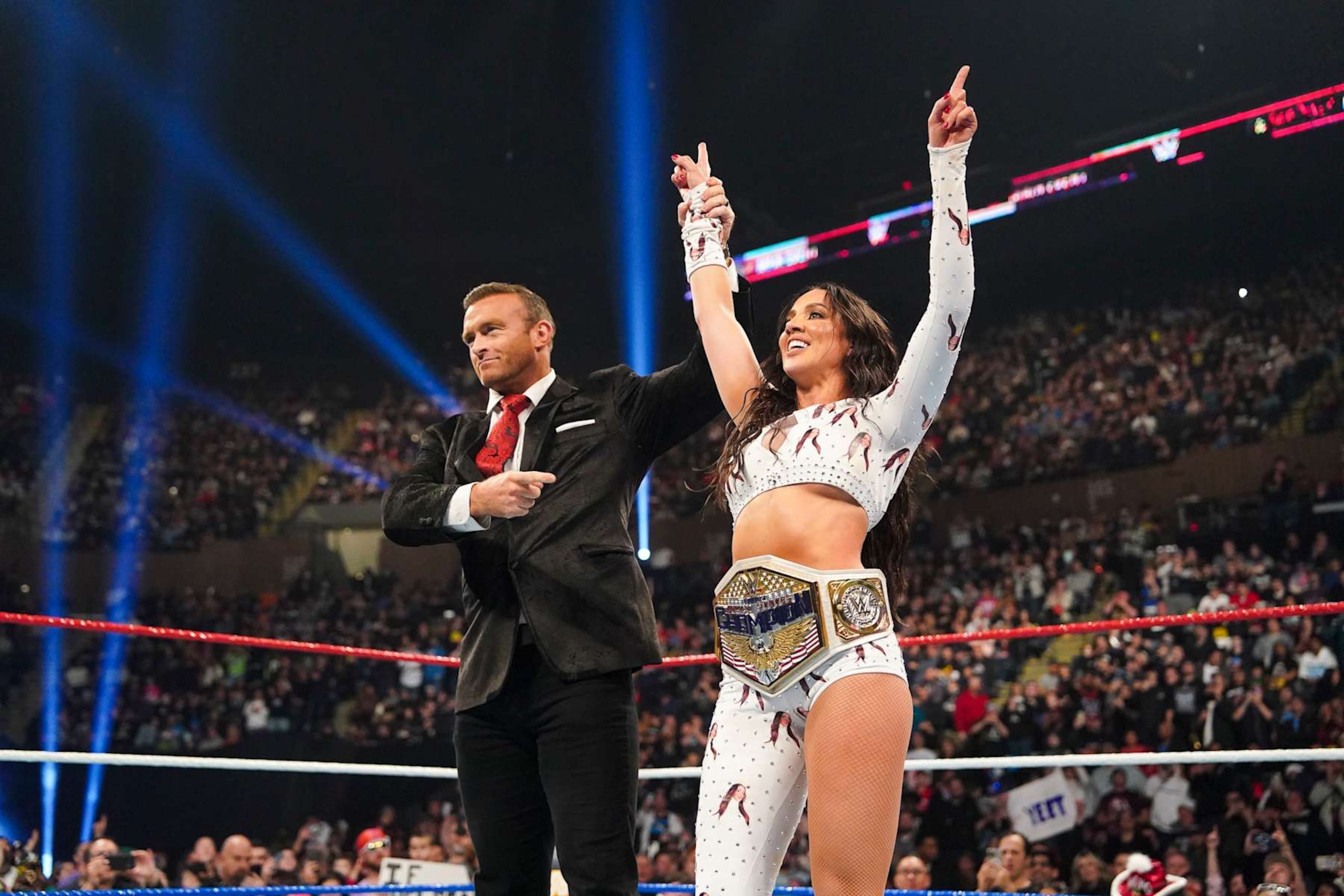 UNIONDALE, NEW YORK - DECEMBER 14: Nick Aldis and Chelsea Green celebrate her women's United States champion win during Saturday Night Main Event at Nassau Veterans Memorial Coliseum on December 14, 2024 in Uniondale, New York. (Photo by WWE/Getty Images) UNIONDALE, NEW YORK - DECEMBER 14: Nick Aldis and Chelsea Green celebrate her women's United States champion win during Saturday Night Main Event at Nassau Veterans Memorial Coliseum on December 14, 2024 in Uniondale, New York. (Photo by WWE/Getty Images)
