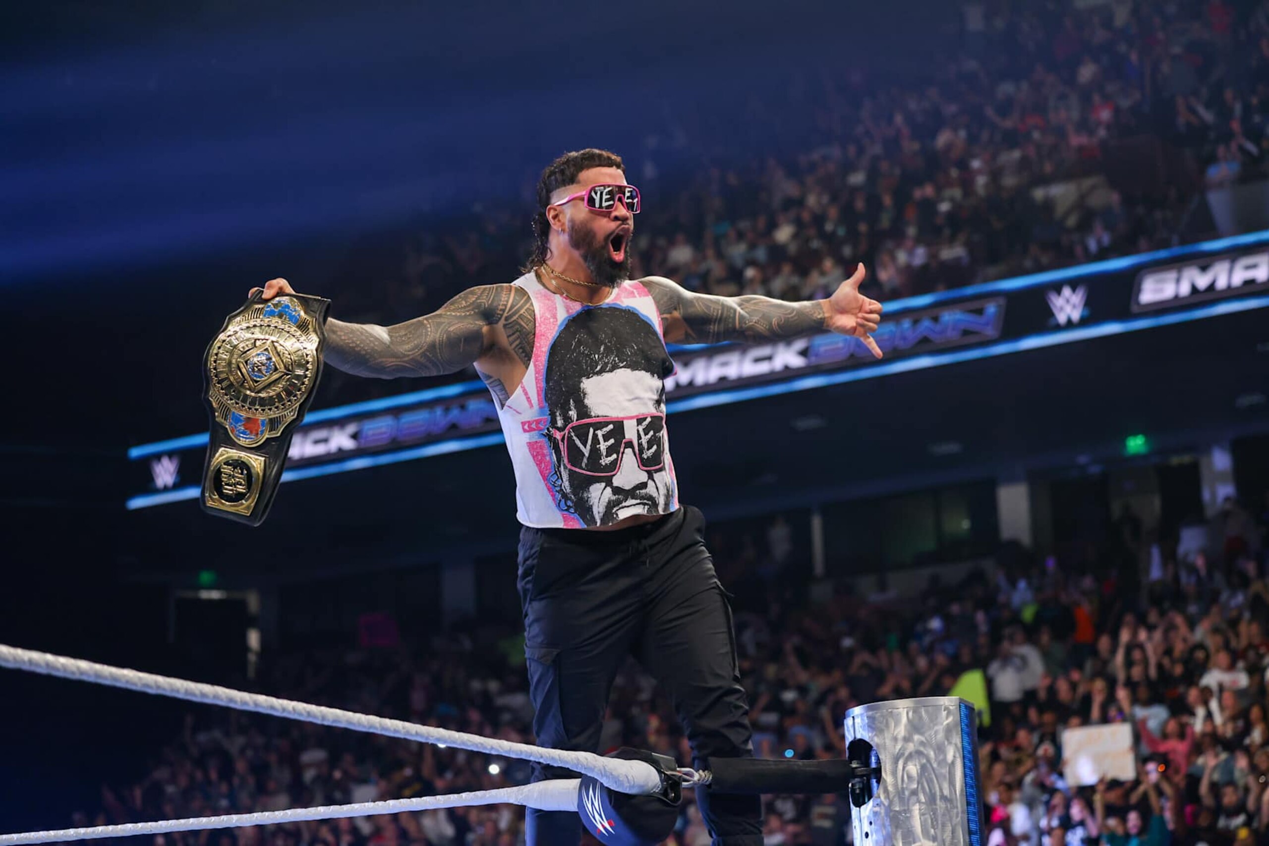 COLUMBIA, SOUTH CAROLINA - OCTOBER 18: Intercontinental Champion Jey Uso enters the arena during SmackDown at Colonial Life Arena on October 18, 2024 in Columbia, South Carolina. (Photo by WWE/Getty Images) COLUMBIA, SOUTH CAROLINA - OCTOBER 18: Intercontinental Champion Jey Uso enters the arena during SmackDown at Colonial Life Arena on October 18, 2024 in Columbia, South Carolina. (Photo by WWE/Getty Images)