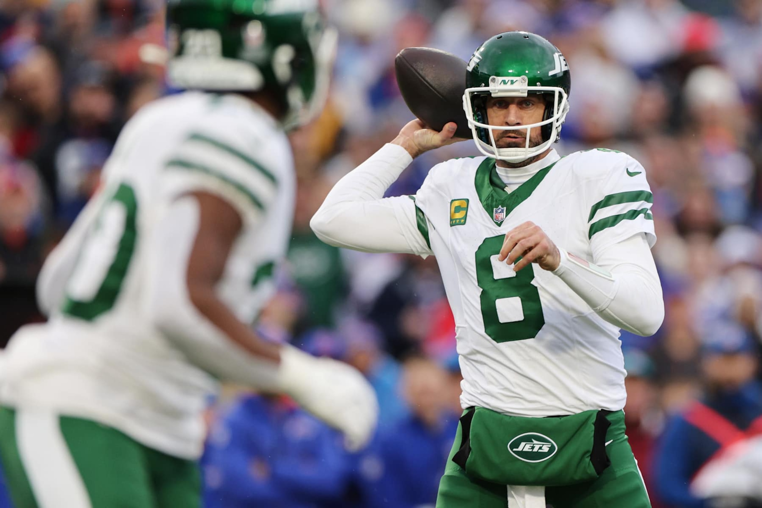ORCHARD PARK, NEW YORK - DECEMBER 29: Aaron Rodgers #8 of the New York Jets throws a pass during the first quarter against the Buffalo Bills at Highmark Stadium on December 29, 2024 in Orchard Park, New York. (Photo by Bryan M. Bennett/Getty Images) ORCHARD PARK, NEW YORK - DECEMBER 29: Aaron Rodgers #8 of the New York Jets throws a pass during the first quarter against the Buffalo Bills at Highmark Stadium on December 29, 2024 in Orchard Park, New York. (Photo by Bryan M. Bennett/Getty Images)