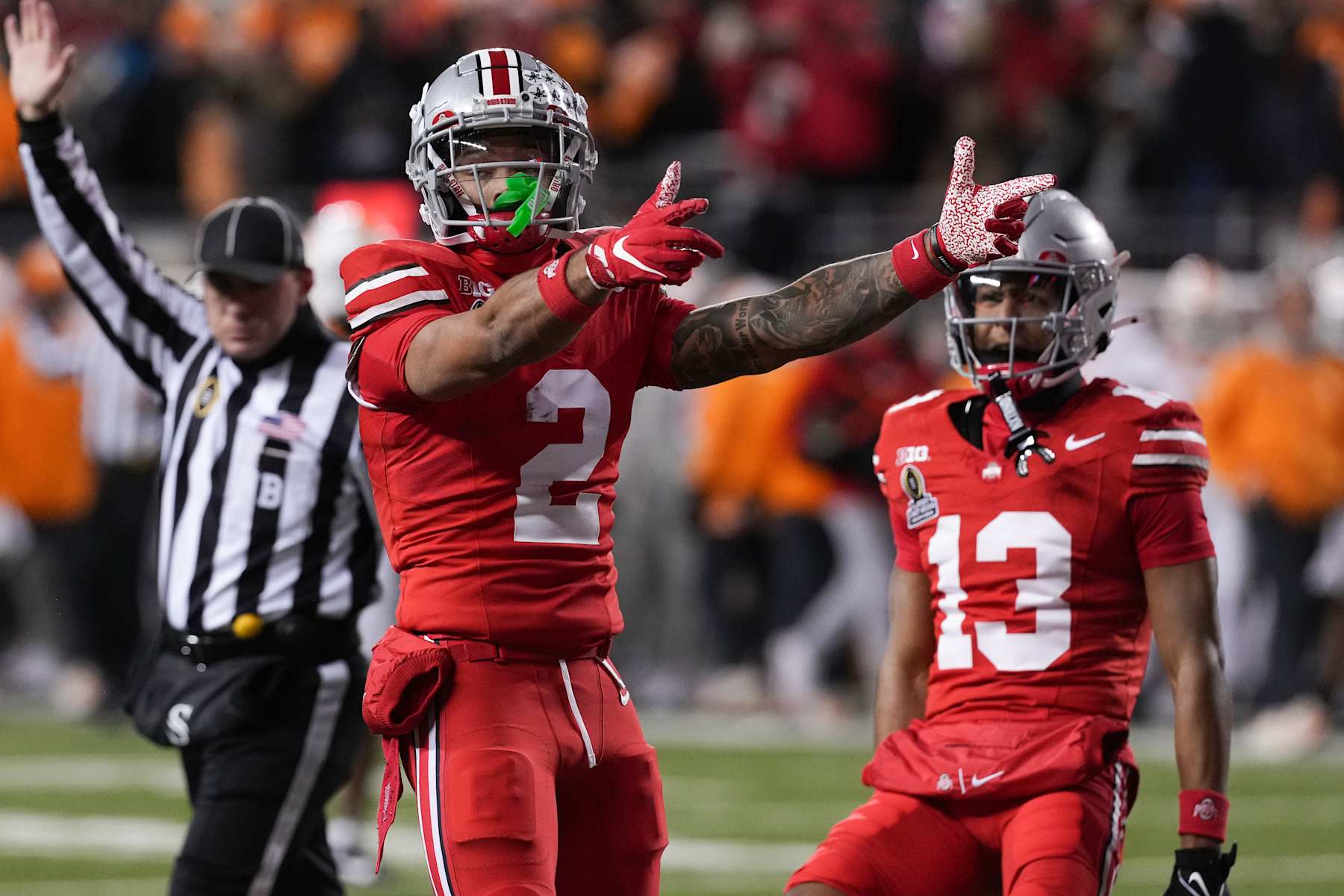 COLUMBUS, OHIO - DECEMBER 21: Wide receiver Emeka Egbuka #2 of the Ohio State Buckeyes seen in action during the game against the Tennessee Volunteers at Ohio Stadium on December 21, 2024 in Columbus, Ohio. (Photo by Jason Mowry/Getty Images)