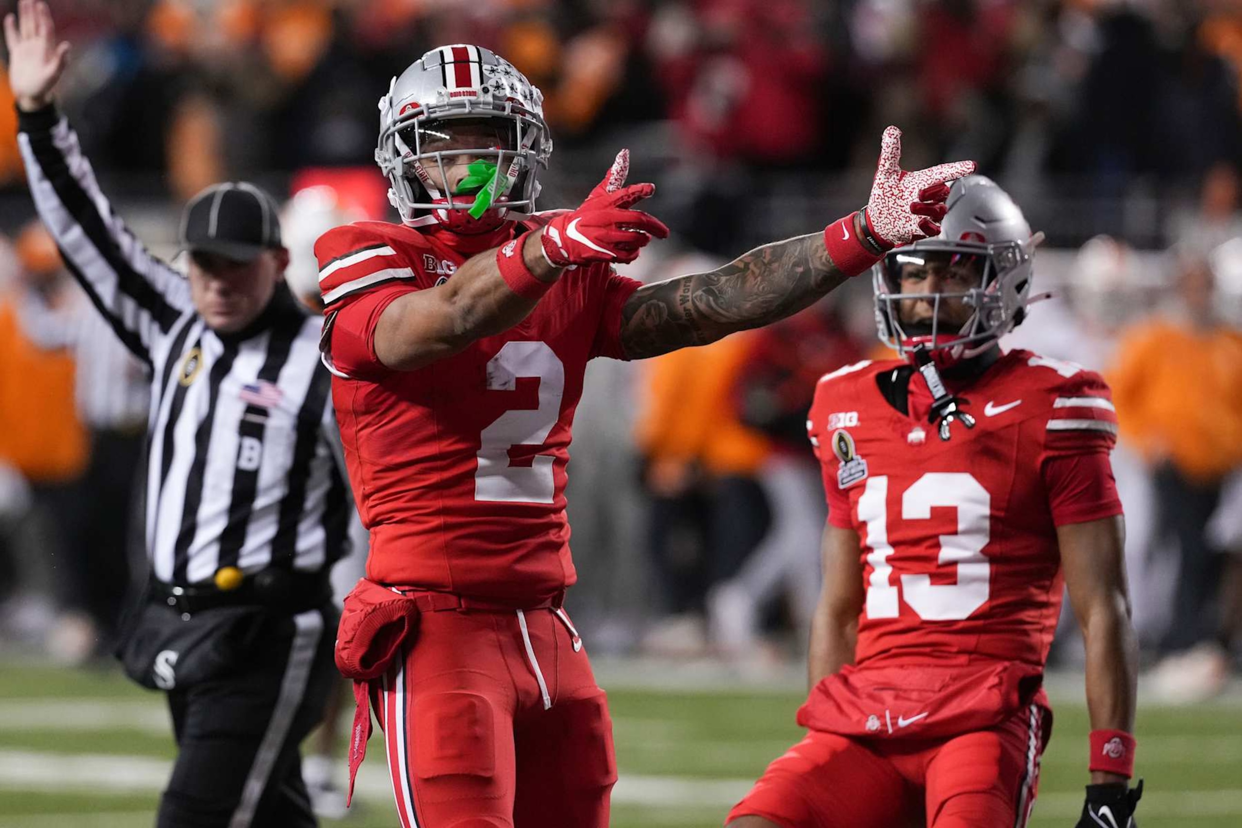 COLUMBUS, OHIO - DECEMBER 21: Wide receiver Emeka Egbuka #2 of the Ohio State Buckeyes seen in action during the game against the Tennessee Volunteers at Ohio Stadium on December 21, 2024 in Columbus, Ohio. (Photo by Jason Mowry/Getty Images)