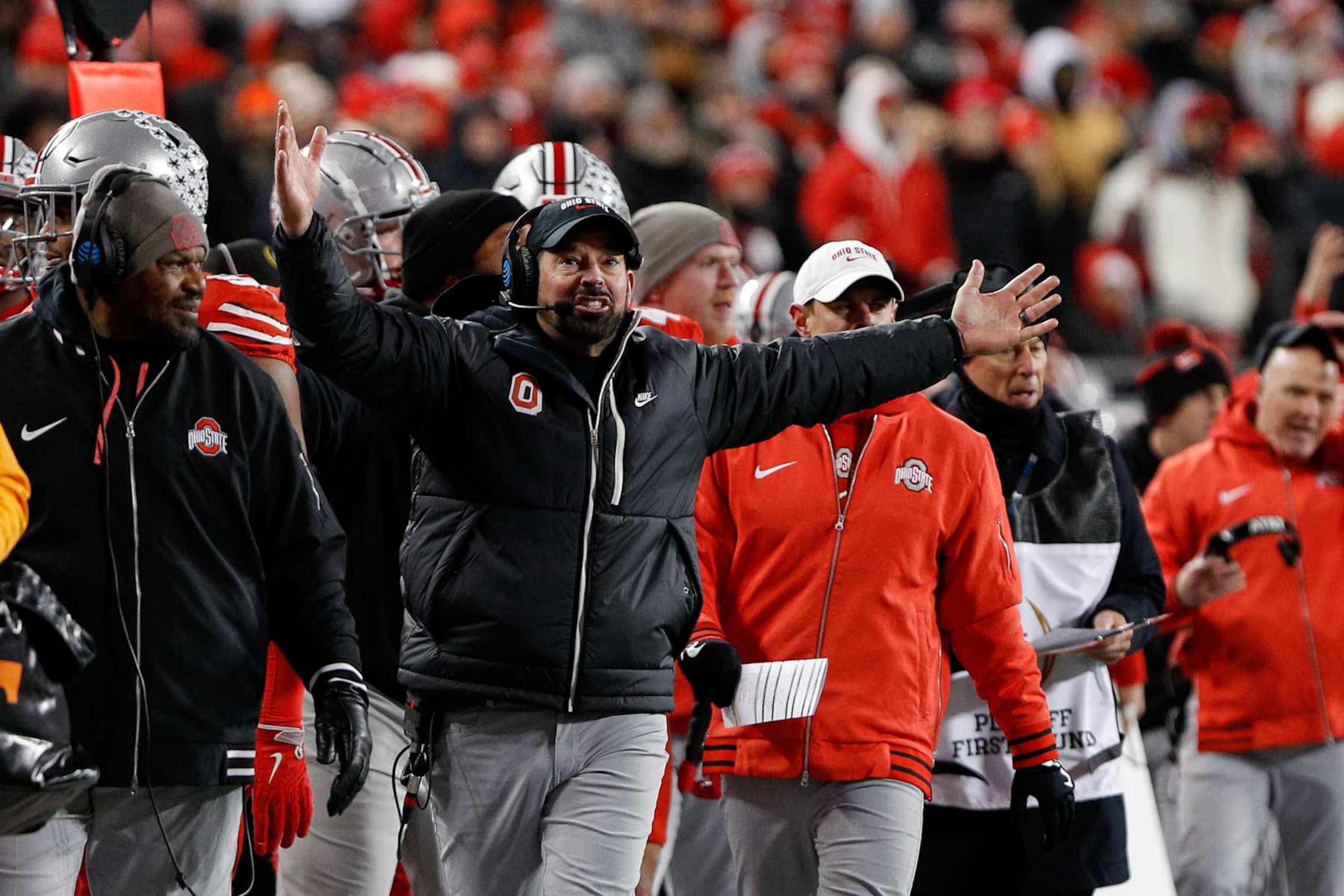 COLUMBUS, OH - DECEMBER 21: Ohio State Buckeyes head coach Ryan Day reacts during the college football playoff first round game against the Tennessee Volunteers and the Ohio State Buckeyes on December 21, 2024, at Ohio Stadium in Columbus, OH. (Photo by Ian Johnson/Icon Sportswire via Getty Images)