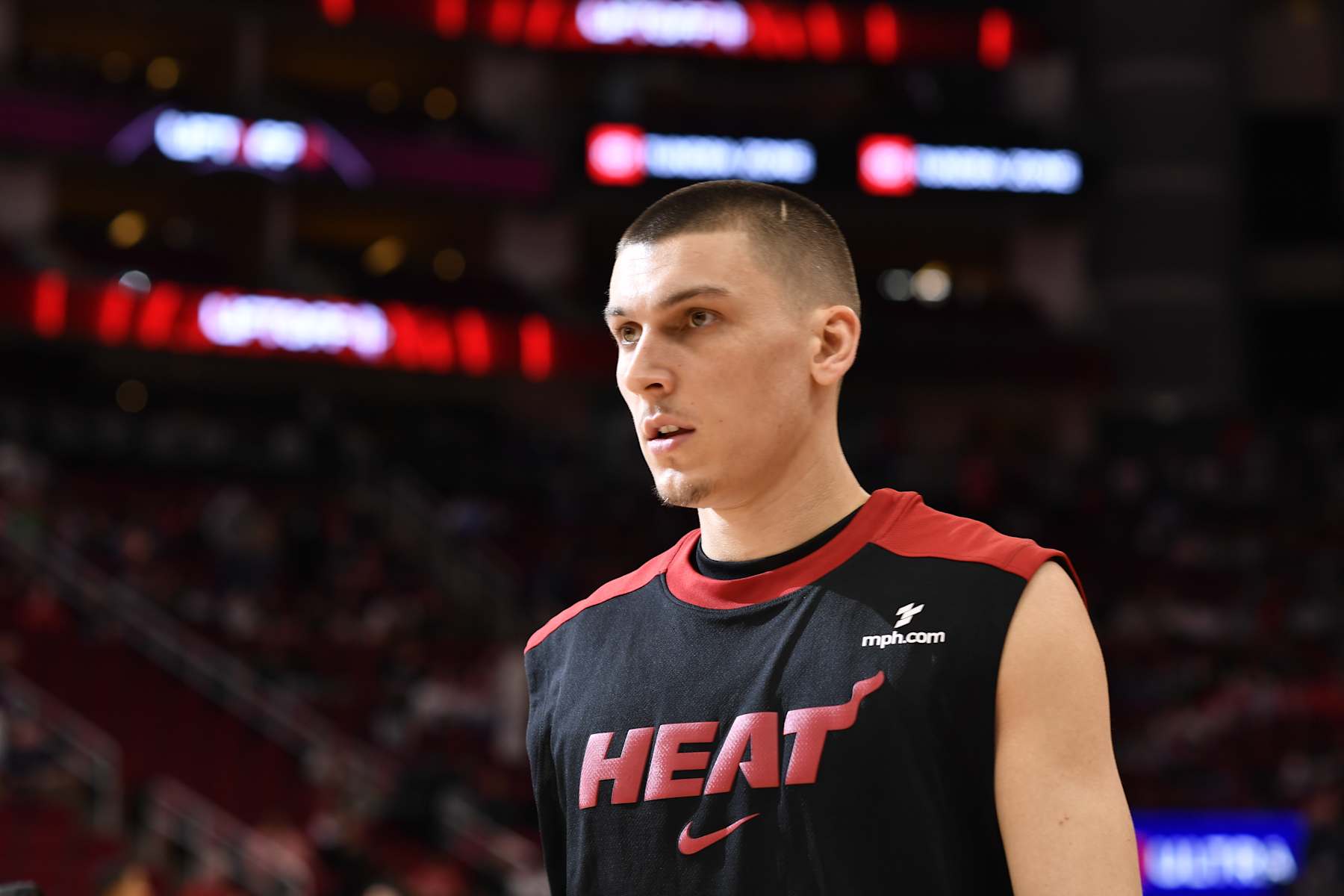 HOUSTON, TX - DECEMBER 29:   Tyler Herro #14 of the Miami Heat before the game against the Houston Rockets on December 29, 2024 at the Toyota Center in Houston, Texas. NOTE TO USER: User expressly acknowledges and agrees that, by downloading and or using this photograph, User is consenting to the terms and conditions of the Getty Images License Agreement. Mandatory Copyright Notice: Copyright 2024 NBAE (Photo by Logan Riely/NBAE via Getty Images)