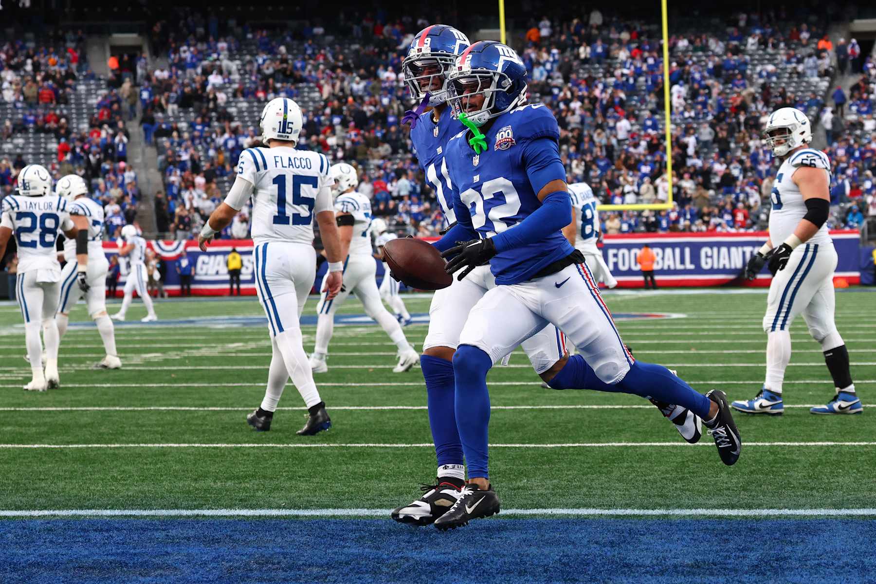 EAST RUTHERFORD, NEW JERSEY - DECEMBER 29: Dru Phillips #22 of the New York Giants celebrates after a interception during the fourth quarter against the Indianapolis Colts at MetLife Stadium on December 29, 2024 in East Rutherford, New Jersey. (Photo by Ed Mulholland/Getty Images)