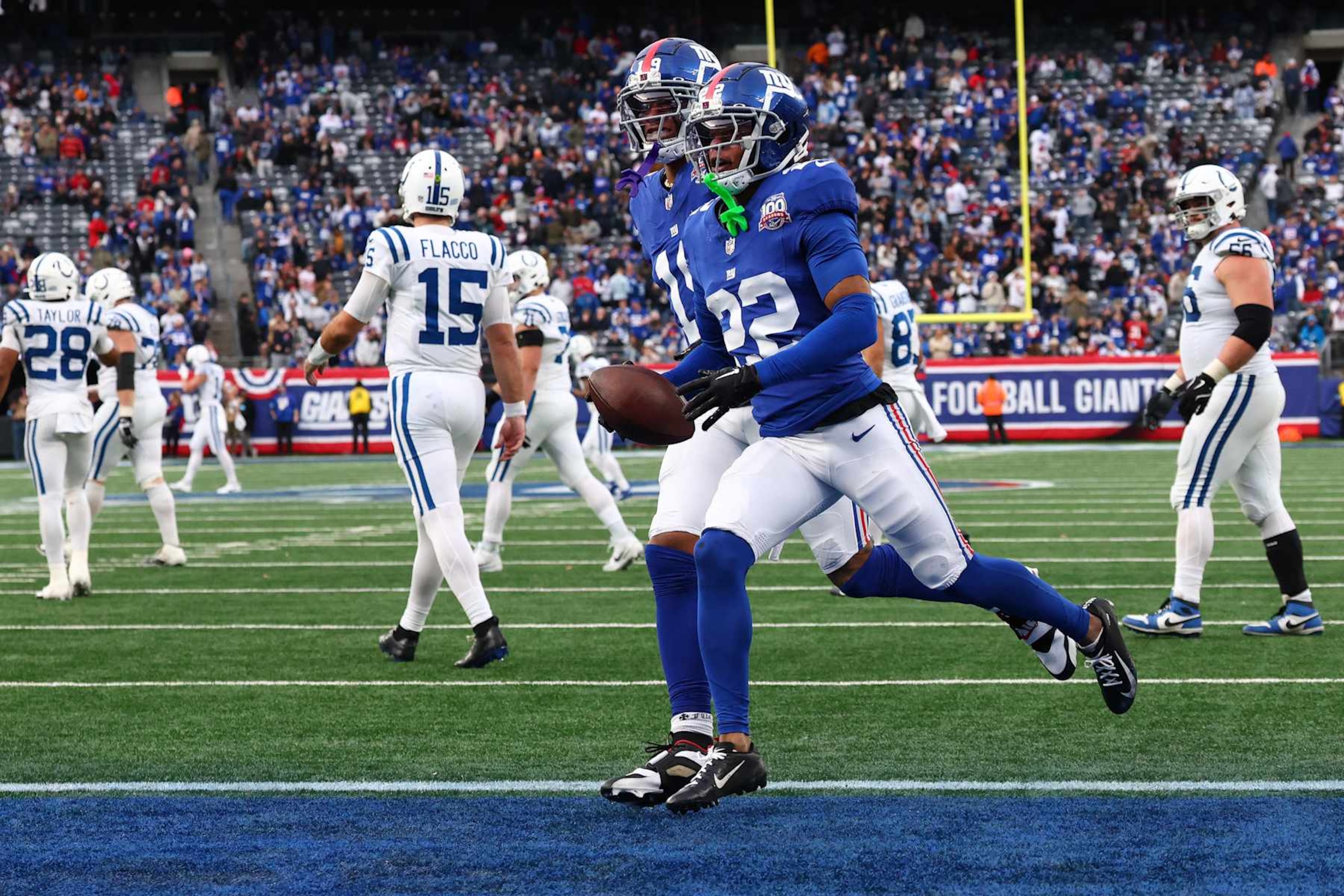 EAST RUTHERFORD, NEW JERSEY - DECEMBER 29: Dru Phillips #22 of the New York Giants celebrates after a interception during the fourth quarter against the Indianapolis Colts at MetLife Stadium on December 29, 2024 in East Rutherford, New Jersey. (Photo by Ed Mulholland/Getty Images)