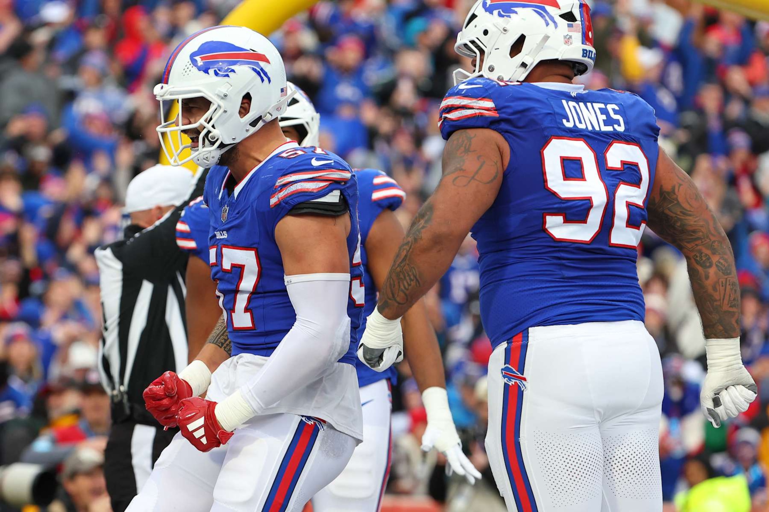 ORCHARD PARK, NEW YORK - DECEMBER 29: AJ Epenesa #57 of the Buffalo Bills celebrates after sacking Aaron Rodgers #8 of the New York Jets for a safety during the second quarter at Highmark Stadium on December 29, 2024 in Orchard Park, New York. (Photo by Timothy T Ludwig/Getty Images)