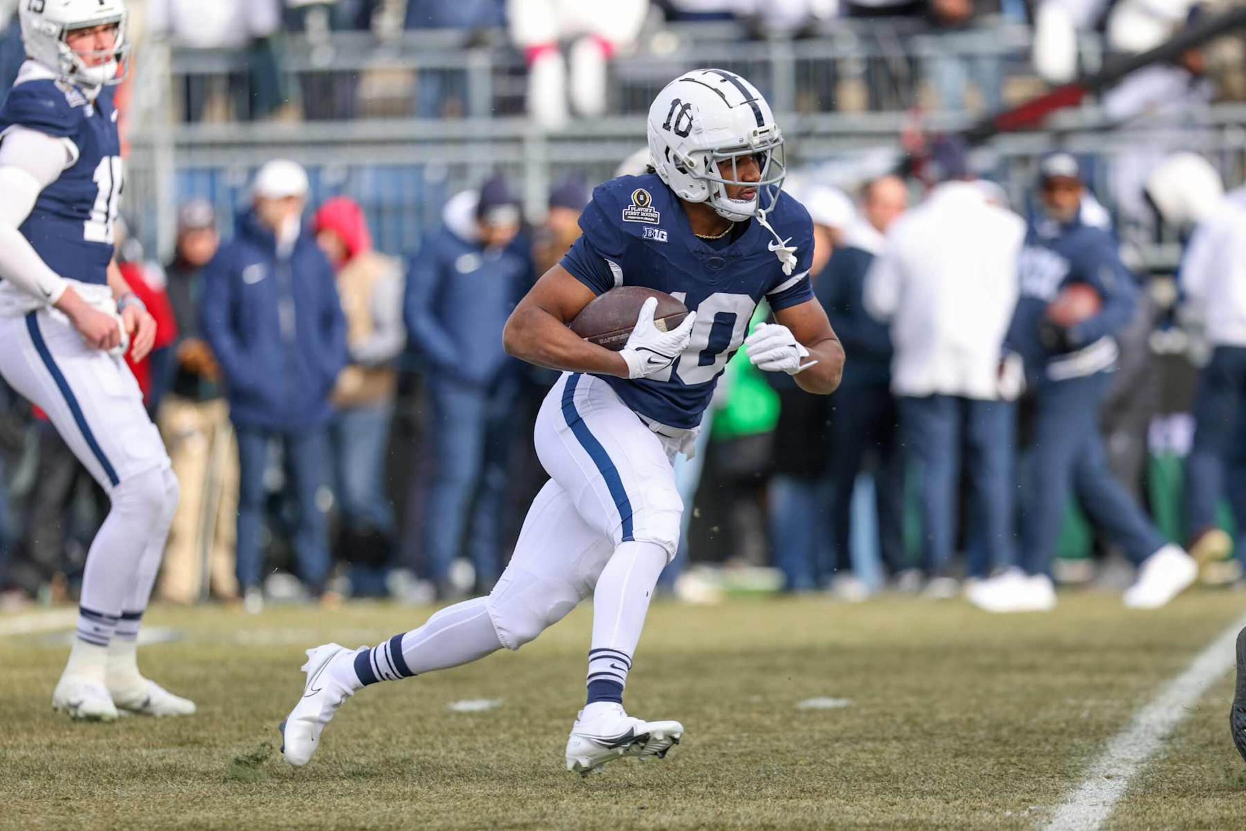 STATE COLLEGE, PA - DECEMBER 21: Nicholas Singleton #10 of the Penn State Nittany Lions rushes the ball before a game between SMU and Penn State at Beaver Stadium on December 21, 2024 in State College, Pennsylvania. (Photo by Roger Wimmer/ISI Photos/Getty Images)
