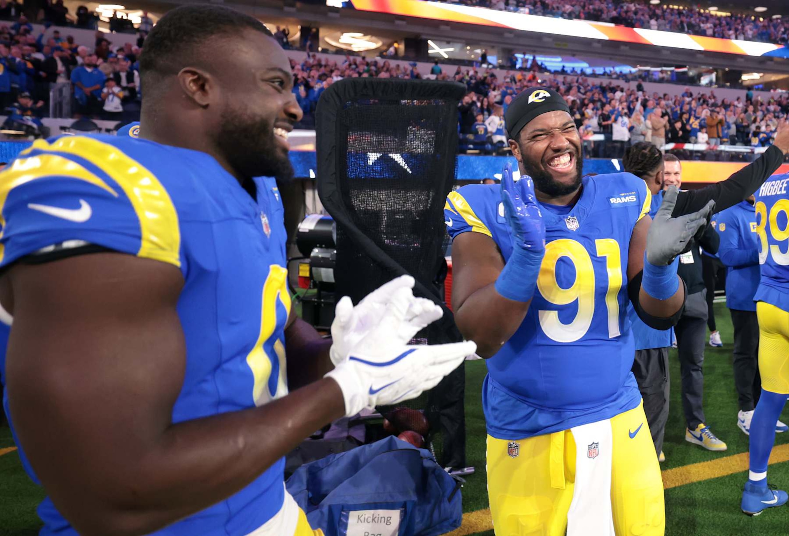 Inglewood, California December 28, 2024-Rams defensive end Kobe Turner (91) shares a laugh with linebacker Byron Young at SoFi Stadium Saturday. (Wally Skalij/Los Angeles Times via Getty Images) Inglewood, California December 28, 2024-Rams defensive end Kobe Turner (91) shares a laugh with linebacker Byron Young at SoFi Stadium Saturday. (Wally Skalij/Los Angeles Times via Getty Images)