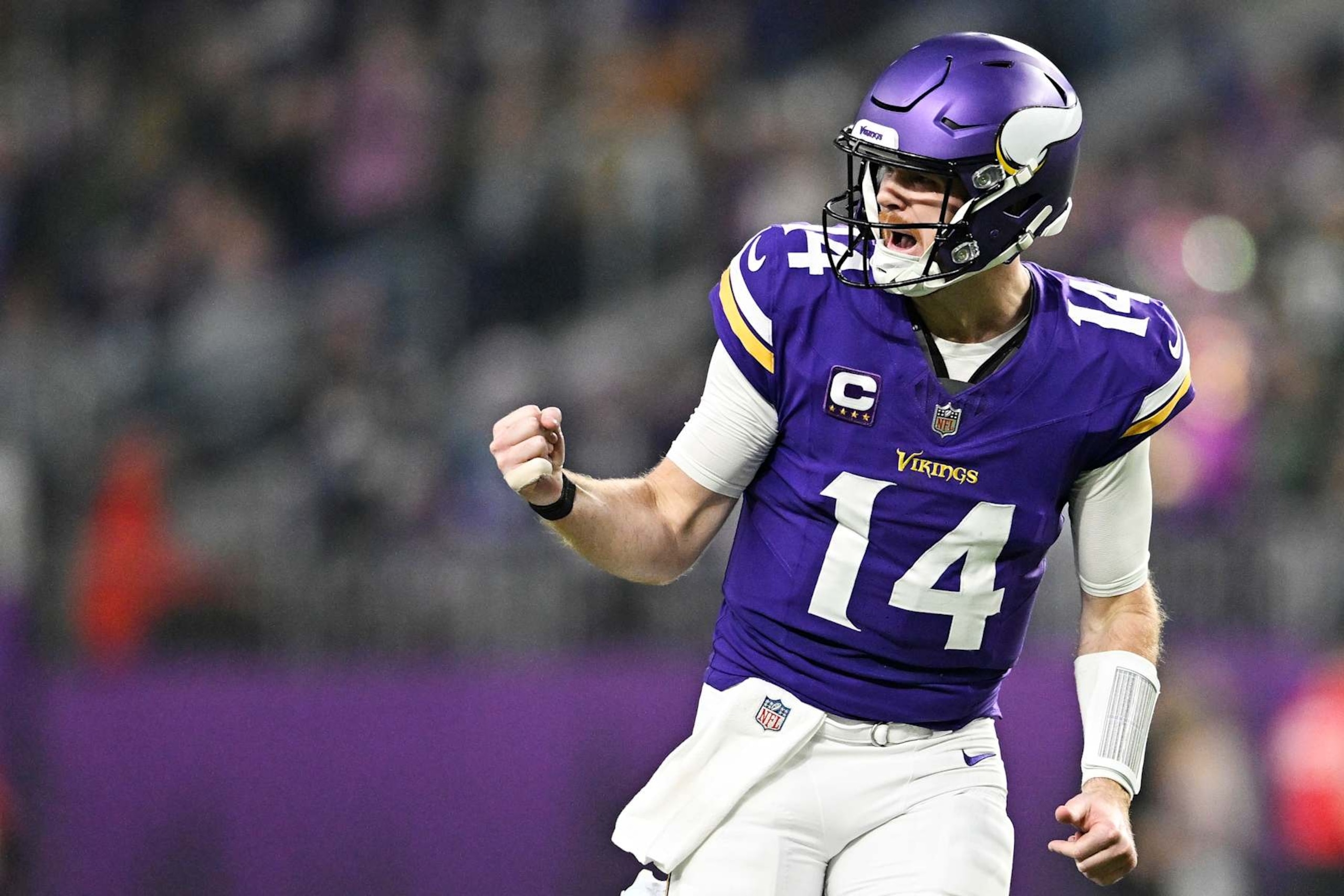 MINNEAPOLIS, MINNESOTA - DECEMBER 29: Sam Darnold #14 of the Minnesota Vikings reacts after a throwing a touchdown pass during the second quarter against the Green Bay Packers at U.S. Bank Stadium on December 29, 2024 in Minneapolis, Minnesota. (Photo by Stephen Maturen/Getty Images) MINNEAPOLIS, MINNESOTA - DECEMBER 29: Sam Darnold #14 of the Minnesota Vikings reacts after a throwing a touchdown pass during the second quarter against the Green Bay Packers at U.S. Bank Stadium on December 29, 2024 in Minneapolis, Minnesota. (Photo by Stephen Maturen/Getty Images)