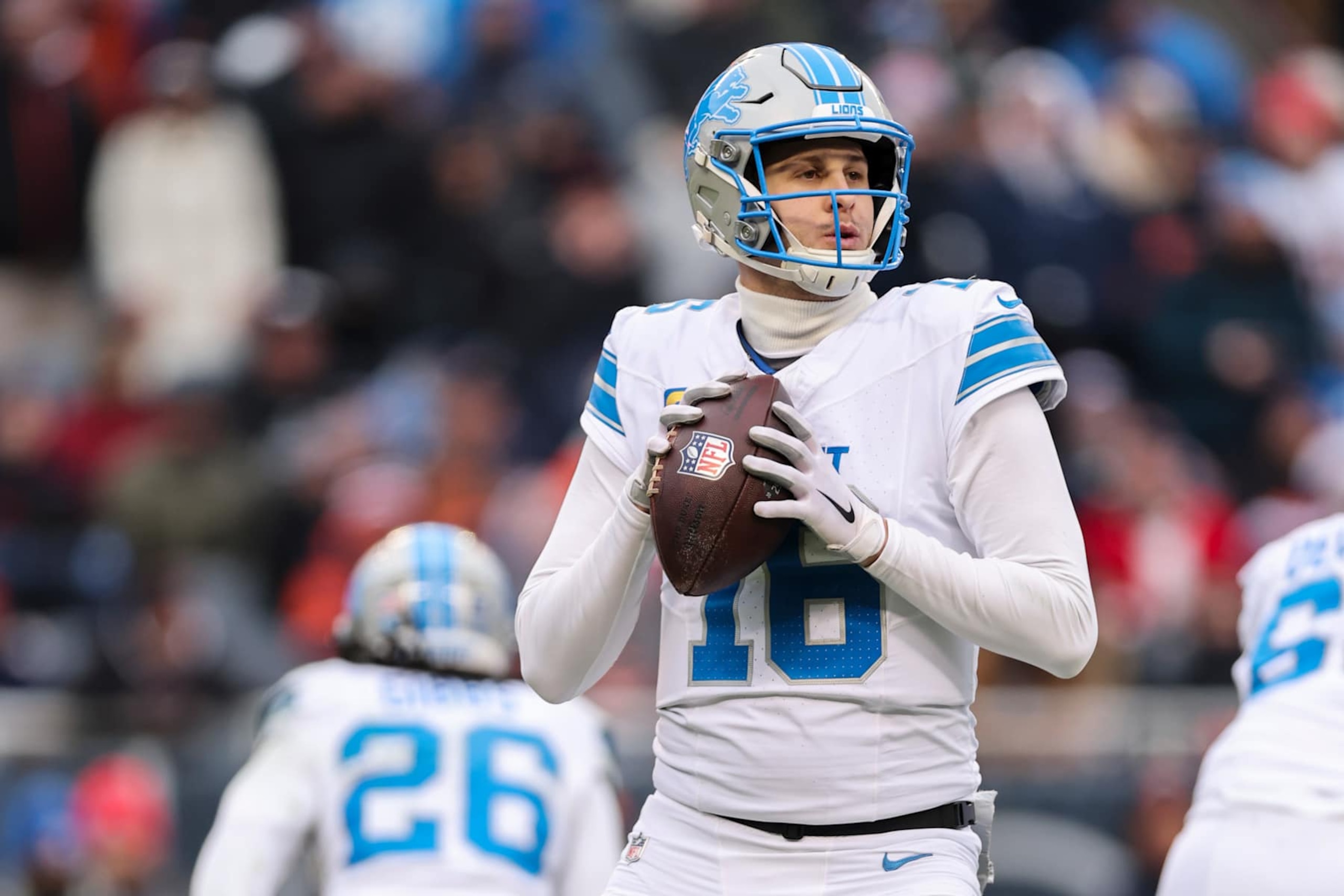 CHICAGO, ILLINOIS - DECEMBER 22: Jared Goff #16 of the Detroit Lions looks to pass the ball against the Chicago Bears during the fourth quarter at Soldier Field on December 22, 2024 in Chicago, Illinois. (Photo by Michael Reaves/Getty Images) CHICAGO, ILLINOIS - DECEMBER 22: Jared Goff #16 of the Detroit Lions looks to pass the ball against the Chicago Bears during the fourth quarter at Soldier Field on December 22, 2024 in Chicago, Illinois. (Photo by Michael Reaves/Getty Images)