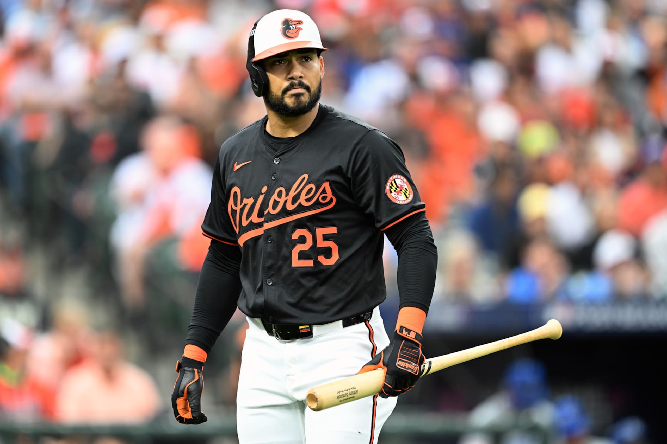 BALTIMORE, MARYLAND - OCTOBER 02: Anthony Santander #25 of the Baltimore Orioles reacts after striking out against the Kansas City Royals during the first inning of Game Two of the Wild Card Series at Oriole Park at Camden Yards on October 02, 2024 in Baltimore, Maryland.  (Photo by Greg Fiume/Getty Images)